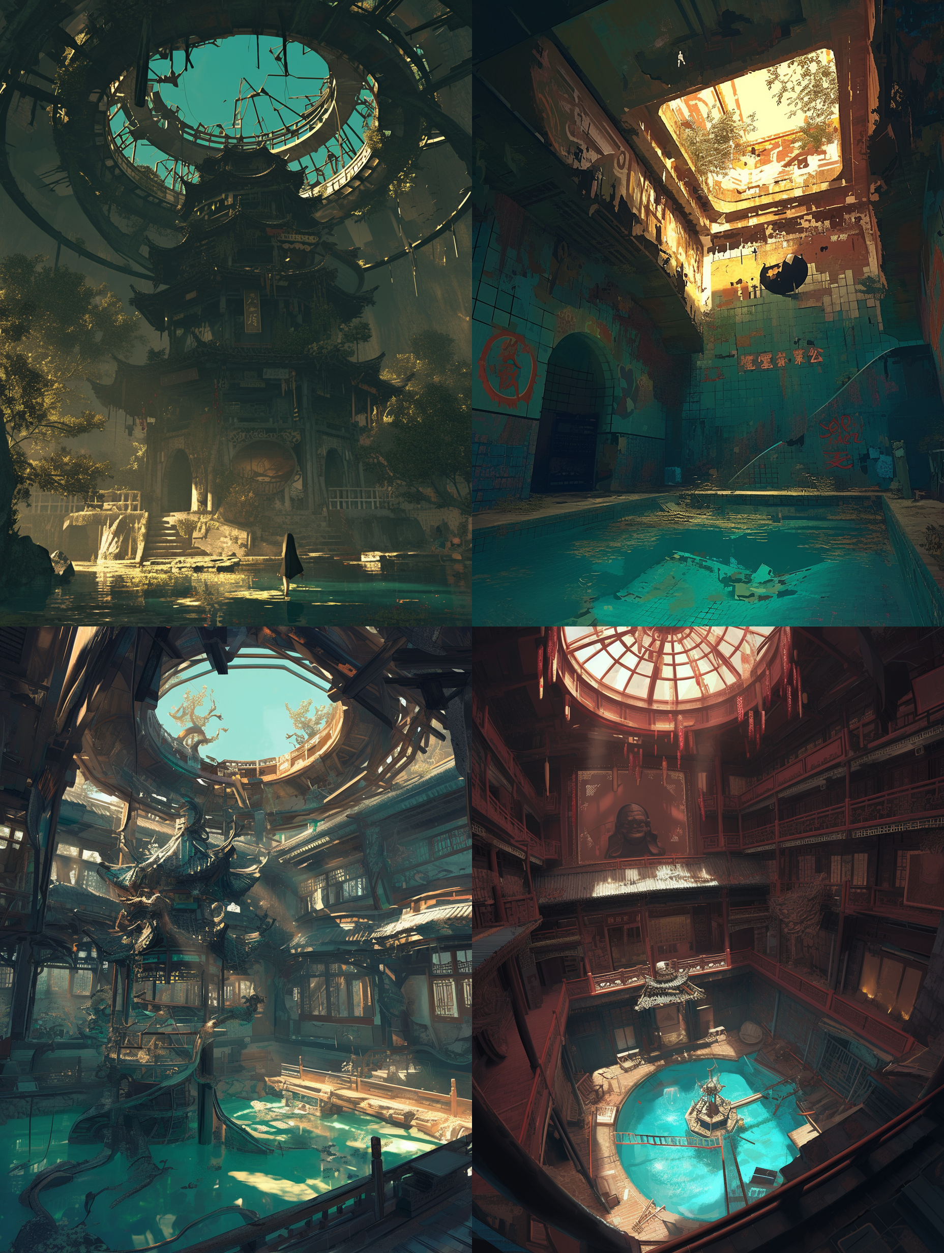 中式建筑，水上乐园，中式乐园，80年代建筑，荒芜环境，诡异氛围，暗调，鱼眼镜头，废弃游乐设施，昏暗灯光，无人，寂静，神秘。