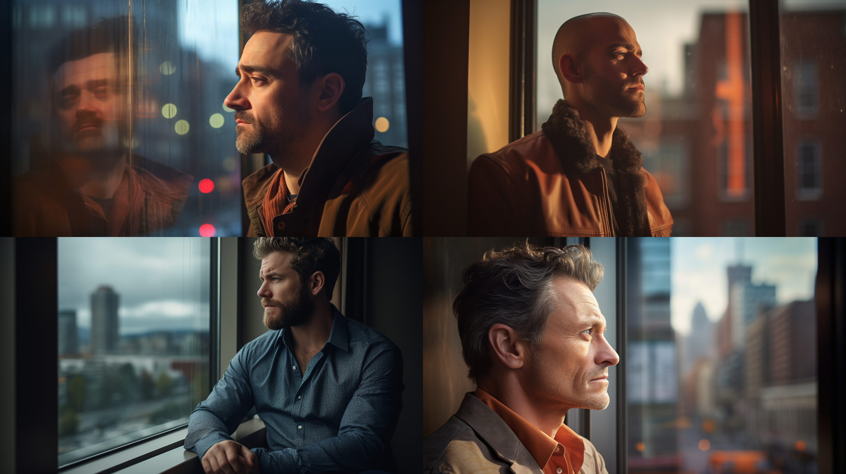 40岁男人，望着窗外，现代化都市景色，侧面特写，细节丰富，暖色调，窗户反射，城市天际线，思考表情，室内光线，肖像模式，抑郁情绪。