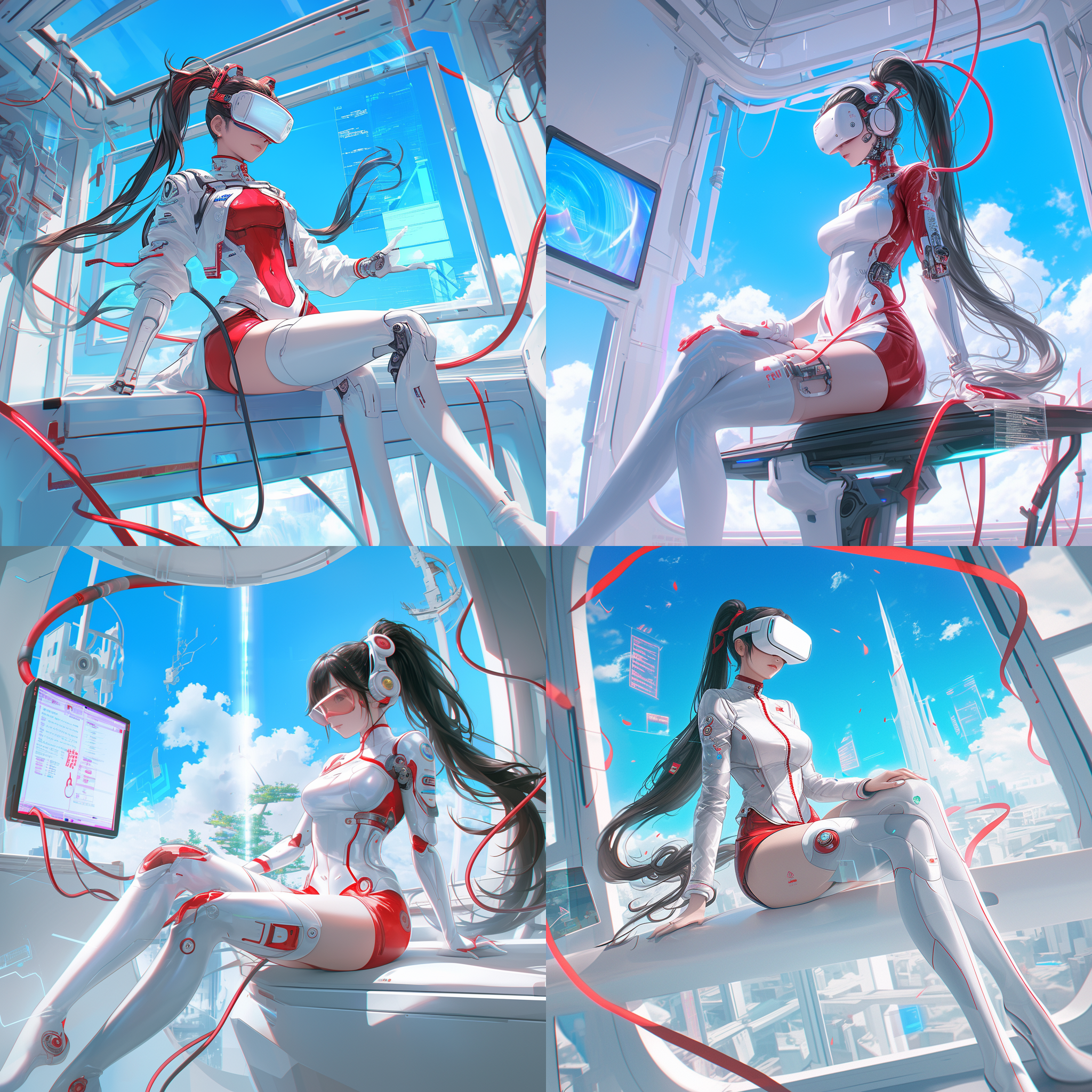 亚洲女孩明日香穿着红辣椒主题的白色贴身制服，搭配红短裙和长靴，双马尾高昂。她戴着vr眼镜，置身于白色房间中。测试数据在落地窗处流动，苍穹上闪烁着能量光束。她与人机交互，展现出科技与未来的融合。黑发飘逸，姿态自信。高饱和度，清晰锐利，广角镜头，柔光，动感，科技，未来感，自信。