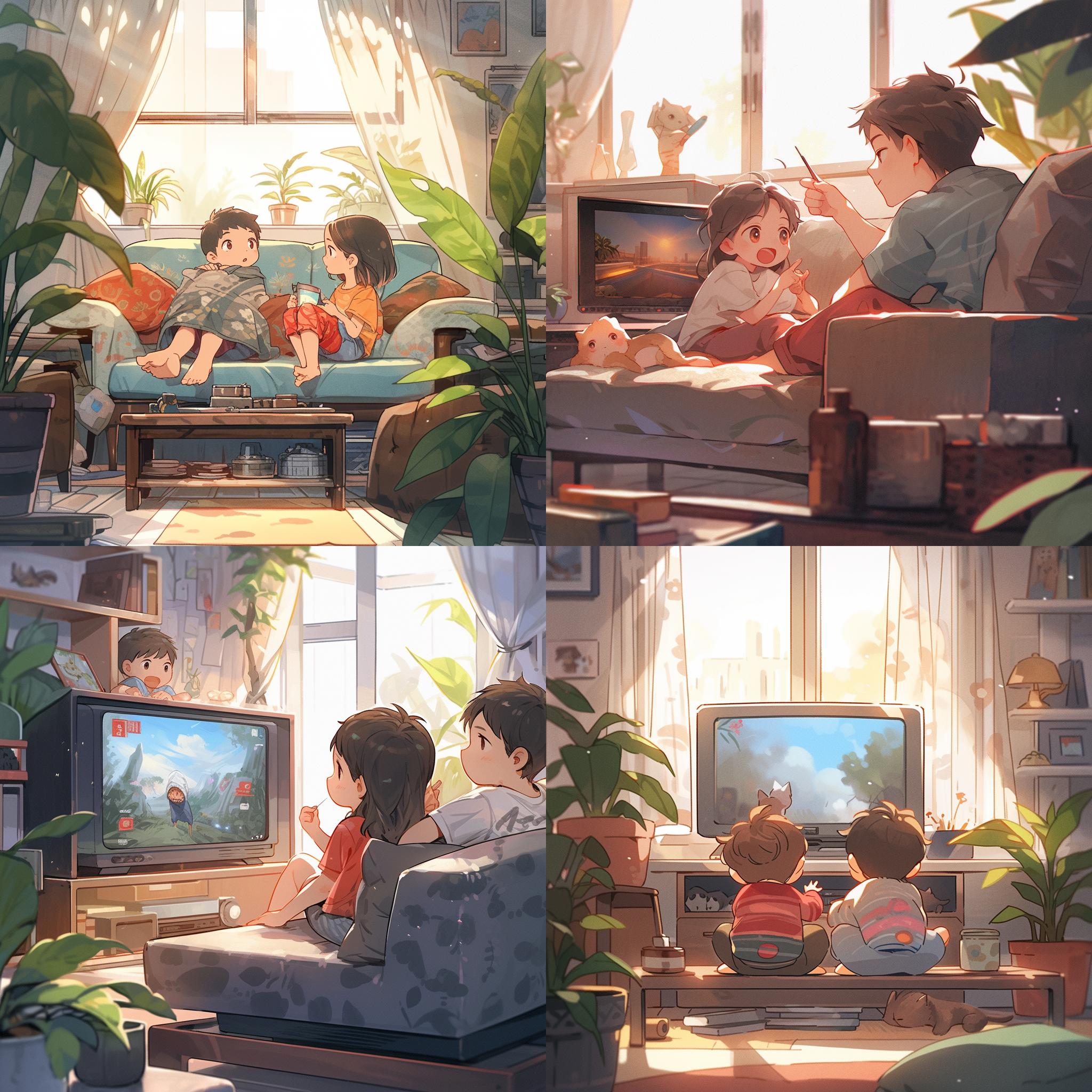 2 children sitting on the sofa, the sofa is not too small, 10-12 years old, head-up angle, people facing the tv, 4 meters away from the tv, prominent tv, tv size moderate, color tv, tv with antenna, 1995 era tv, sunshine, window opening, curtains, breeze, warm atmosphere, bright colors, indoor environment, quiet, peaceful, expression focus, happiness, flag relaxed, cozy, morning sunshine.