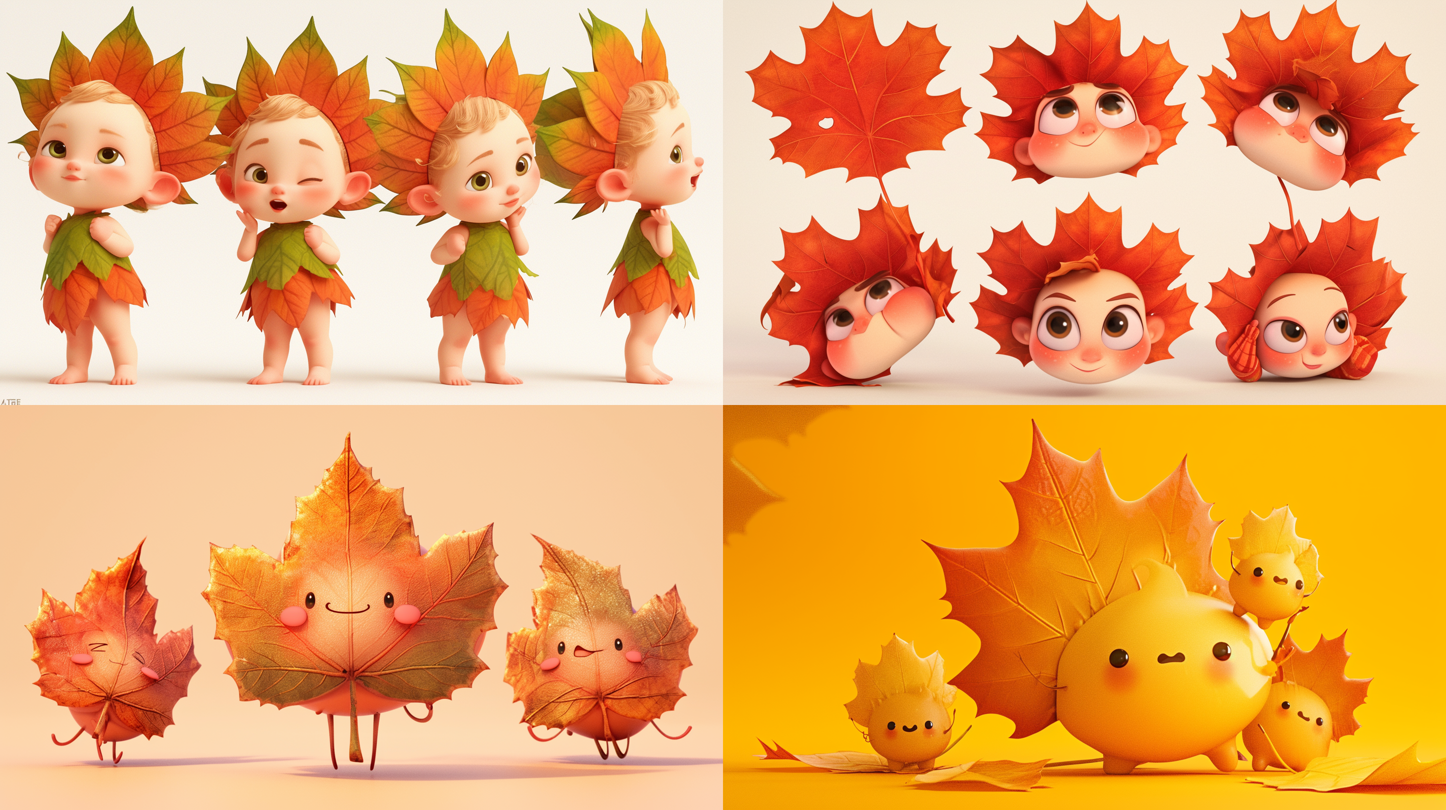 a super cute maple leaf baby with a series of expressions and poses, in a highly detailed and realistic 3d style with c4d rendering, super high definition, soft and warm colors, cute and charming appearance, with a touch of fantasy and playfulness, an emoji set that is both vivid and realistic
