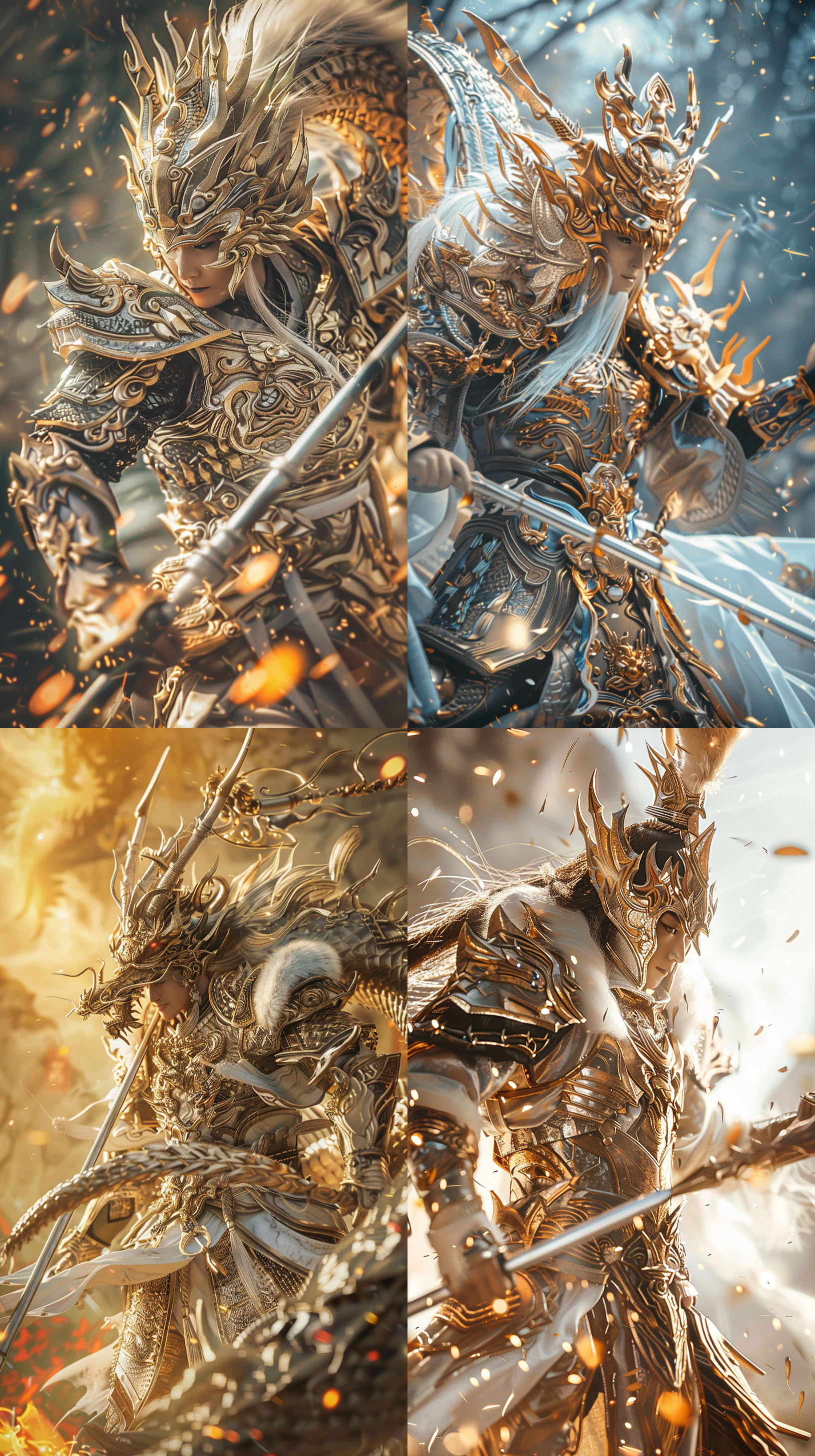 常山赵子龙，雷龙铠甲，长枪，白龙头盔，风火轮，史诗风格，战斗动作，英雄主题，金色调，特写镜头，逆光，壮观，自信。