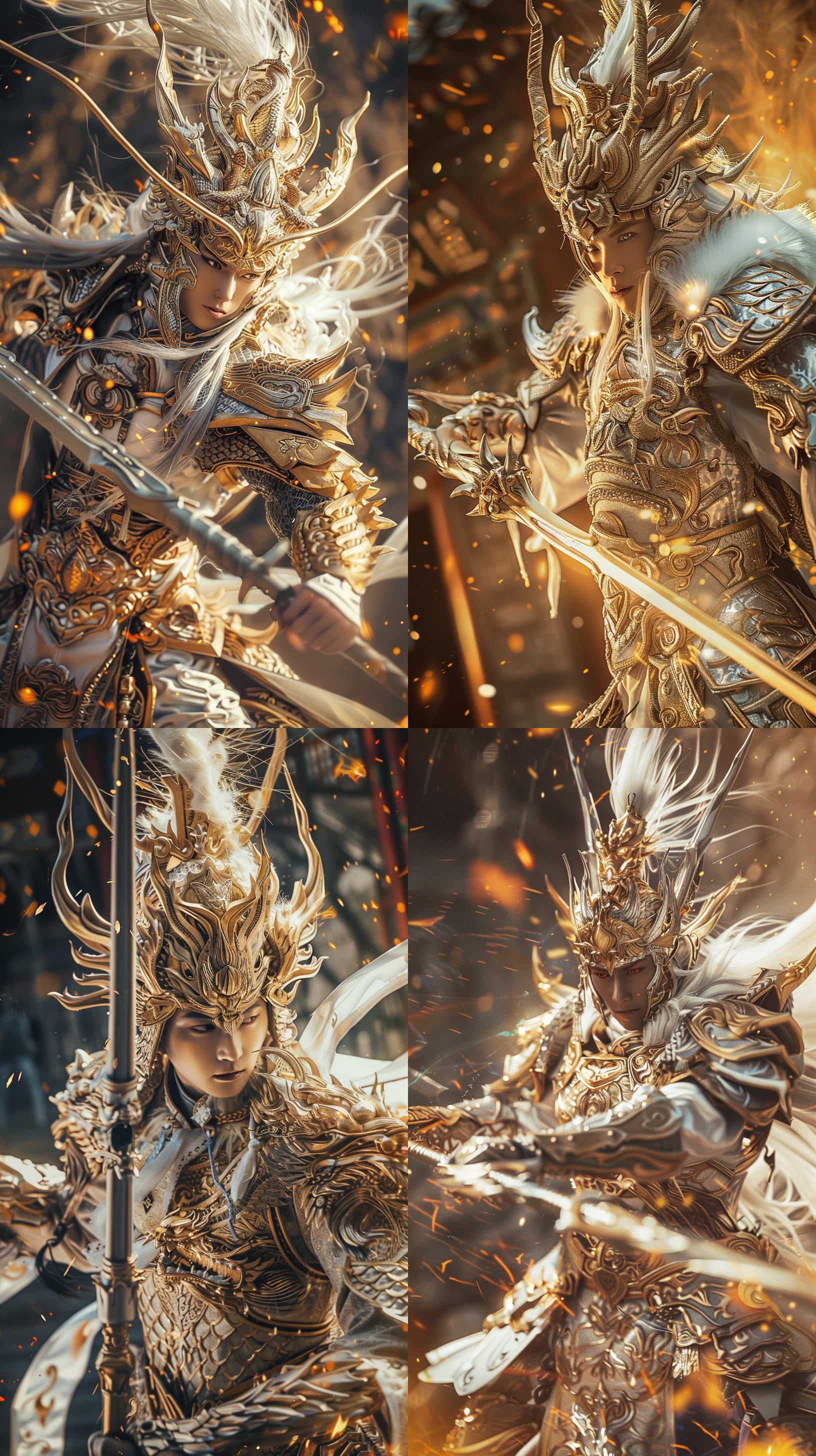 常山赵子龙，雷龙铠甲，长枪，白龙头盔，风火轮，史诗风格，战斗动作，英雄主题，金色调，特写镜头，逆光，壮观，自信。