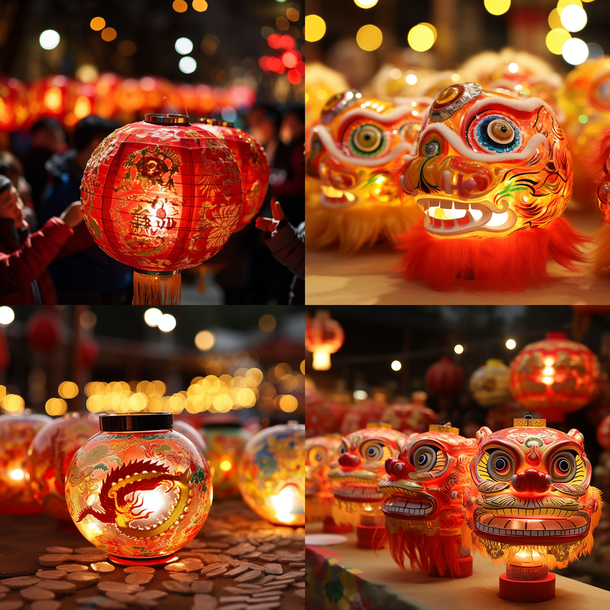 元宵节灯笼装饰，欢快嘉年华氛围，人群簇拥，夜晚场景，绚丽多彩，长焦镜头，灯光璀璨，舞龙舞狮，喜庆热闹，红色主调，喜悦。