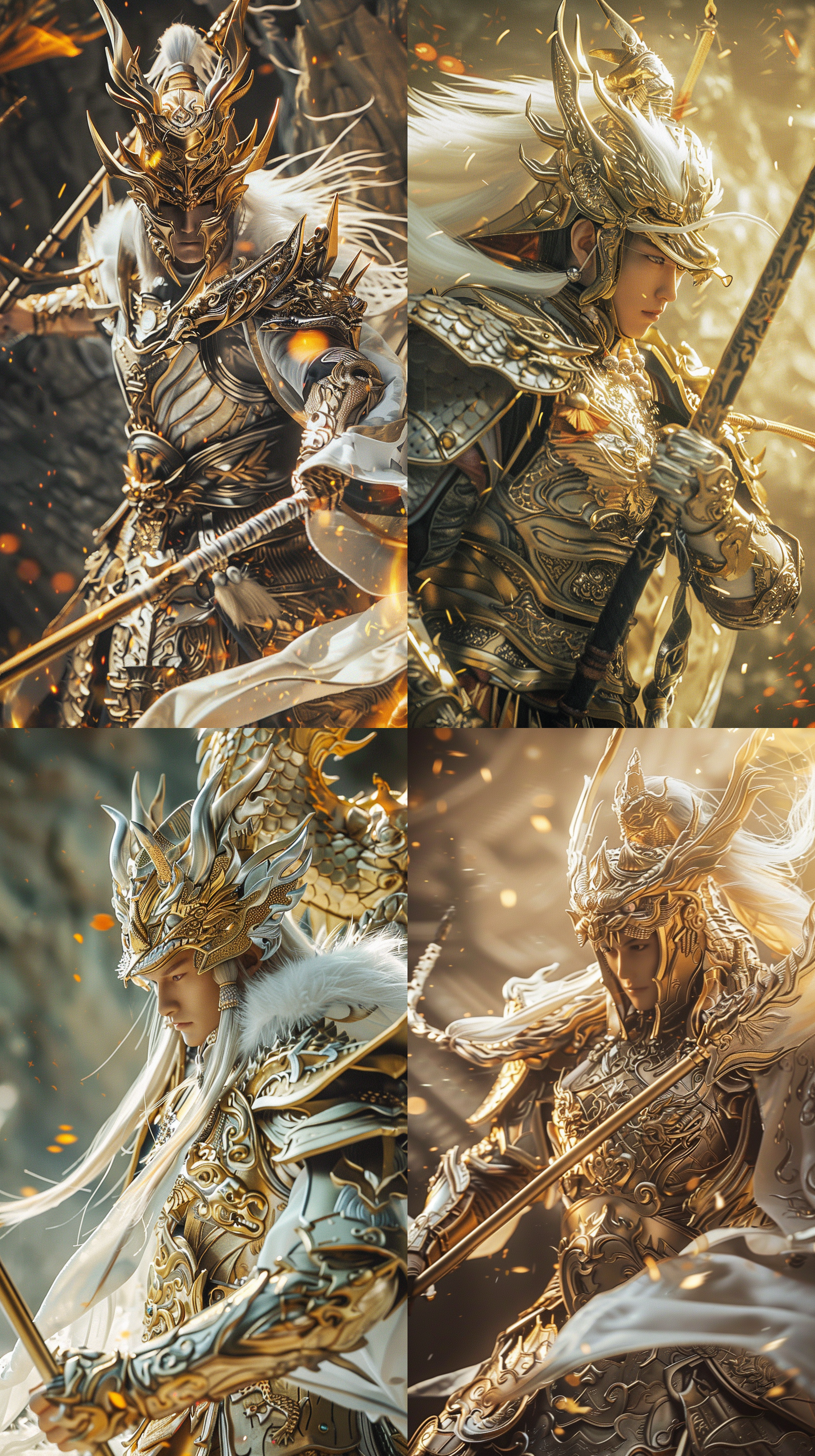 常山赵子龙，雷龙铠甲，长枪，白龙头盔，风火轮，史诗风格，战斗动作，英雄主题，金色调，特写镜头，逆光，壮观，自信。