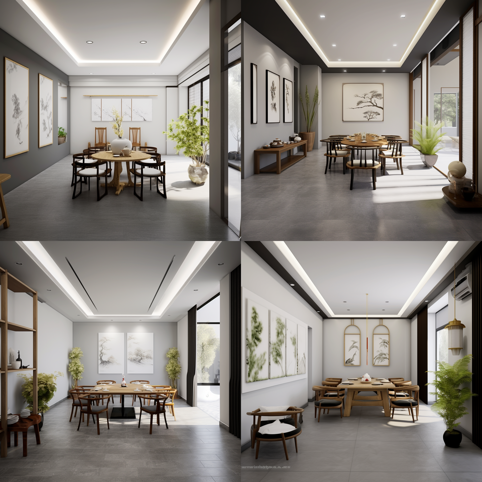 茶室设计，现代风格，简约装饰，木质家具，大理石桌面，悬挂花艺，柔和灯光，绿植装饰，窗外景色，舒适氛围。舒缓，温馨，自然光，中焦镜头，对称构图，室内环境，品味生活，放松。