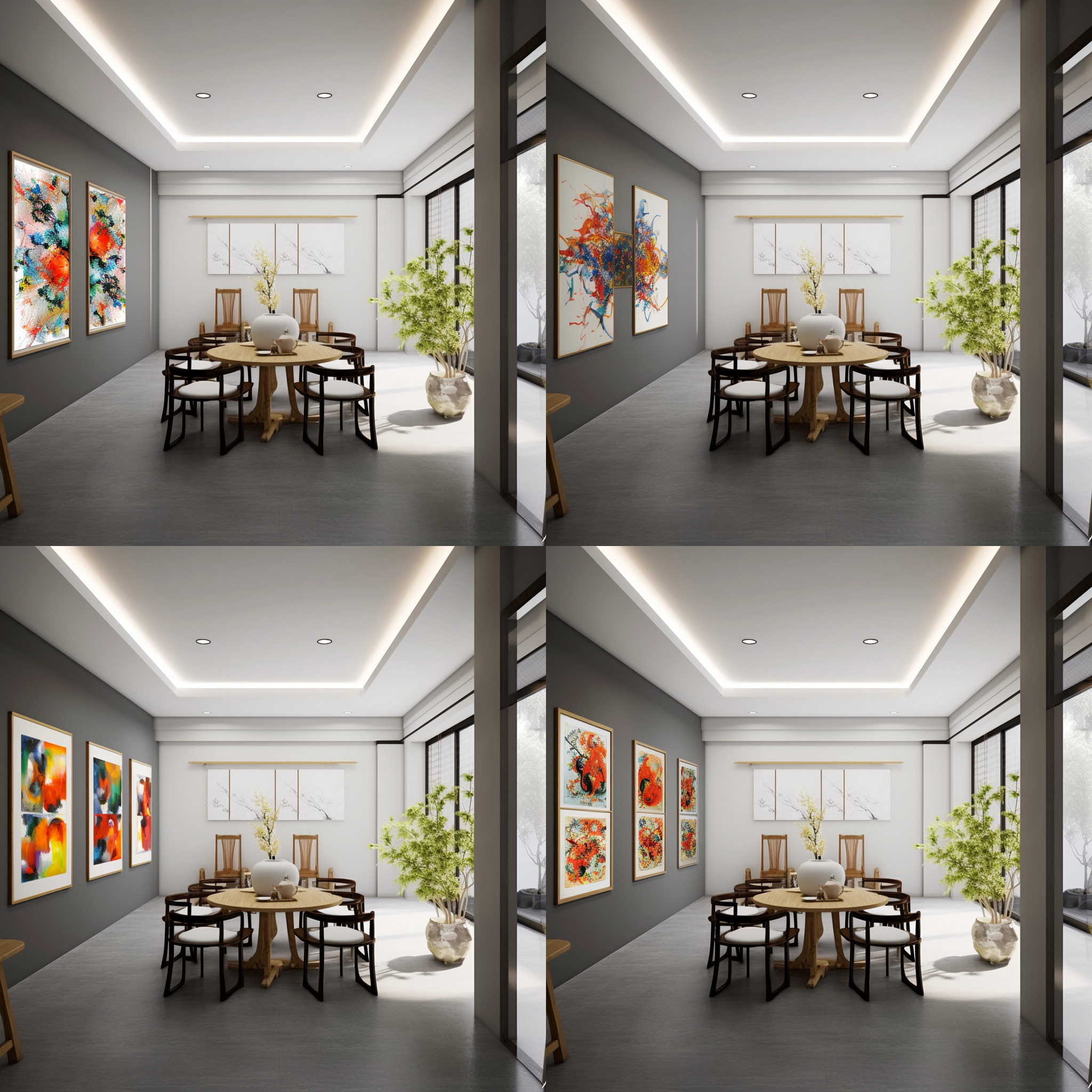 茶室设计，现代风格，简约装饰，木质家具，大理石桌面，悬挂花艺，柔和灯光，绿植装饰，窗外景色，舒适氛围。舒缓，温馨，自然光，中焦镜头，对称构图，室内环境，品味生活，放松。