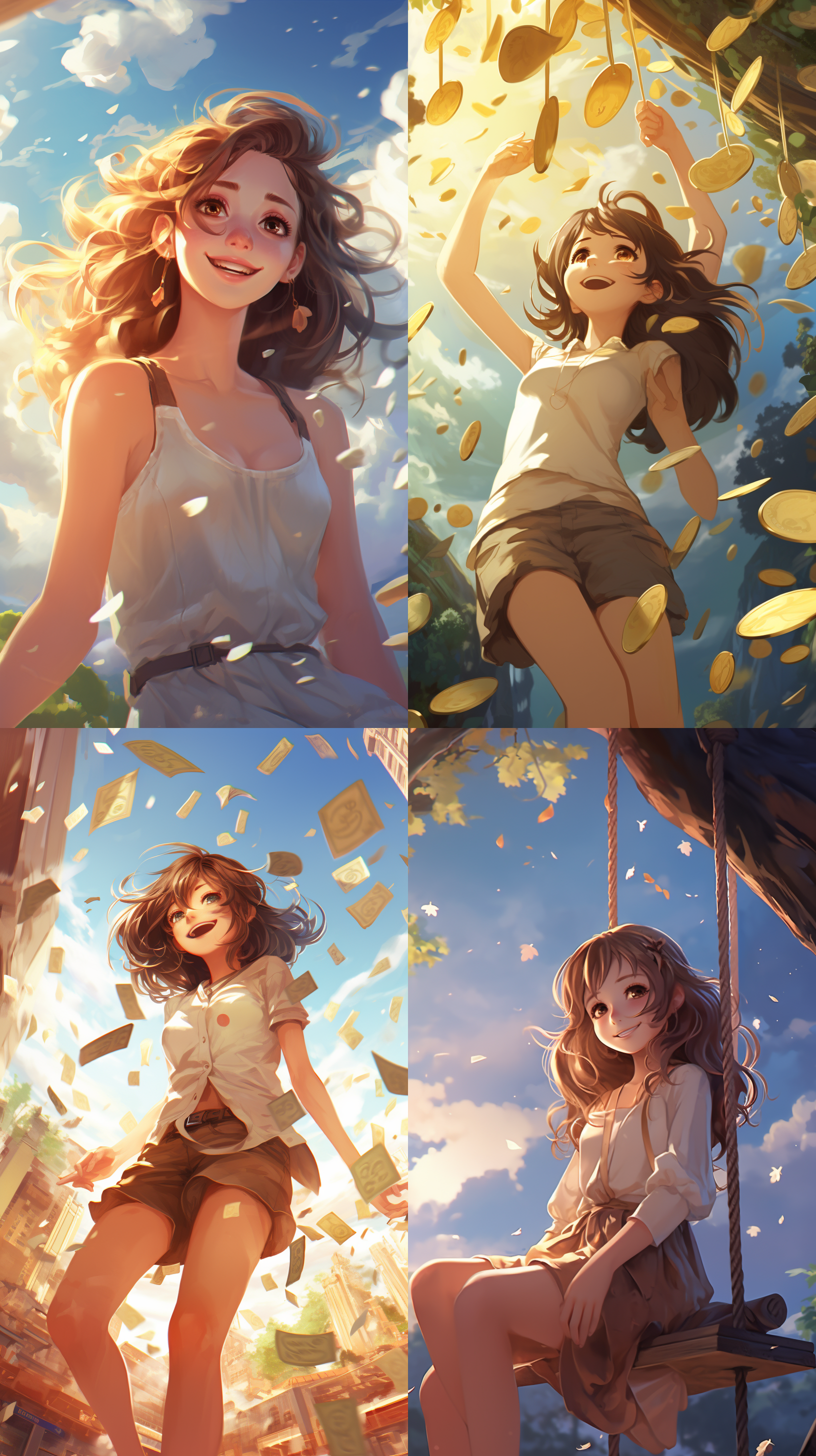 动漫风景，金币掉落，微笑，唯美，柔和色调