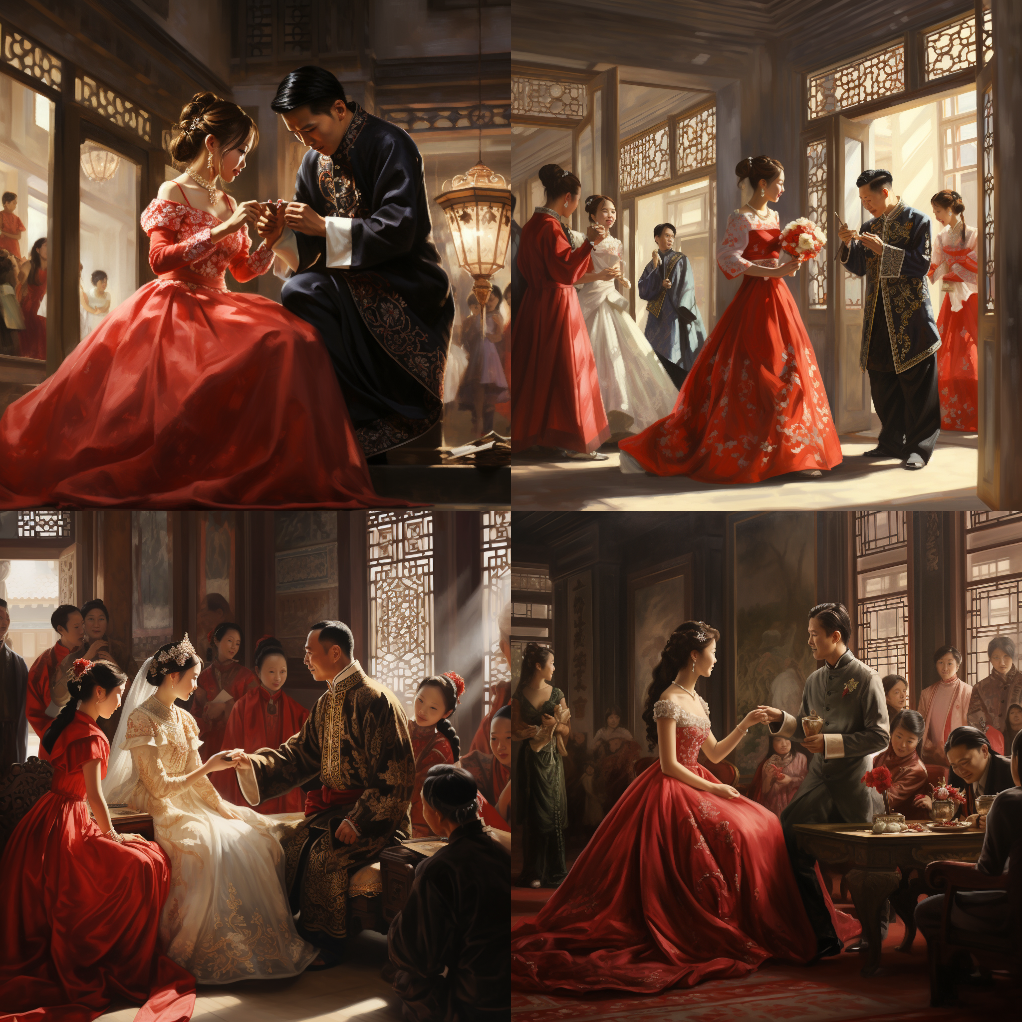 媒人促成男女双方步入婚姻殿堂，场景豪华喜庆，红色主调，传统服饰，笑容满面，礼服光影，长焦镜头，柔和侧光，微笑互动，幸福喜悦。
