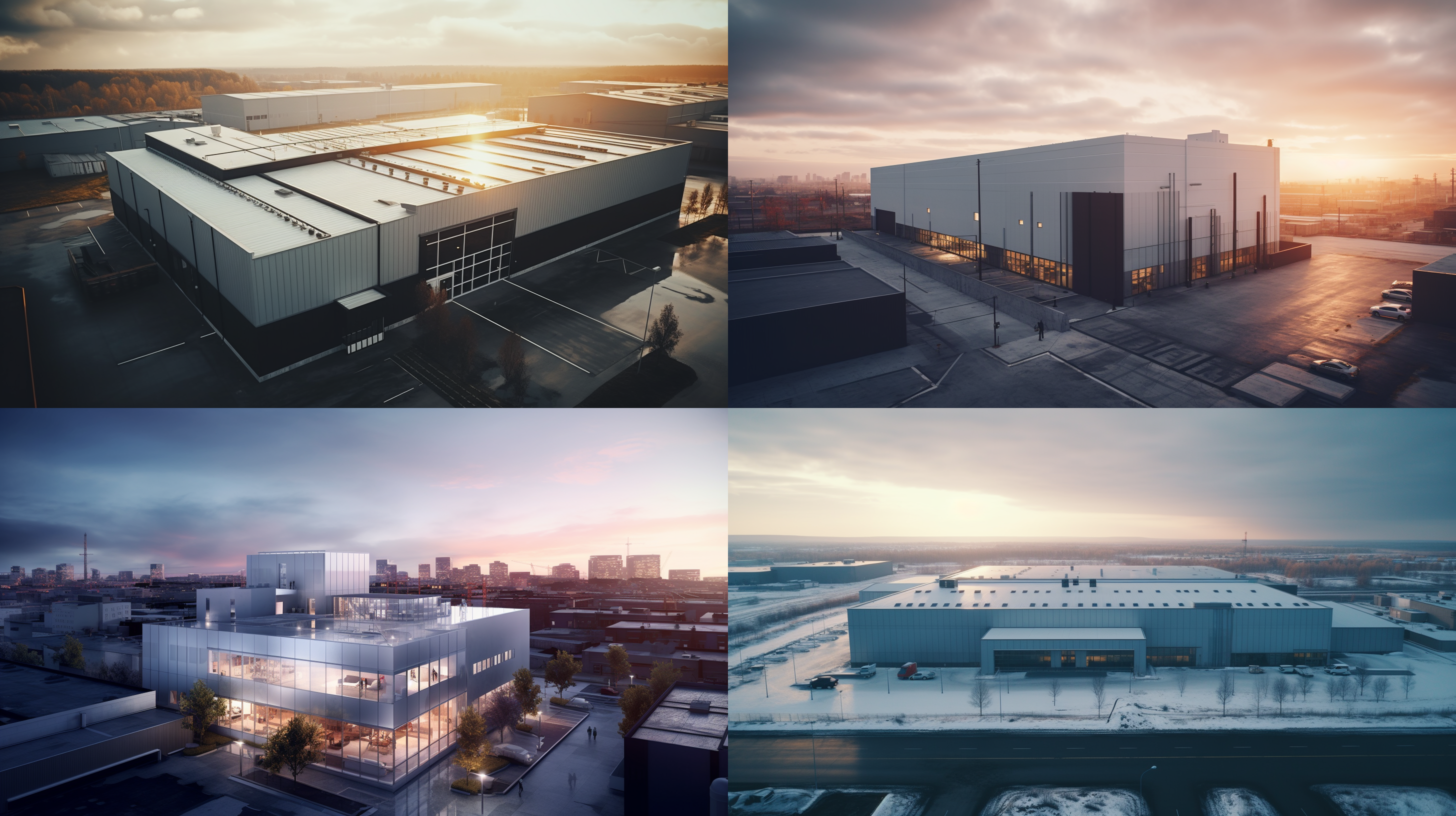 四层工业建筑，现代风格，灰白色调，鸟瞰视角，几何构图，线条清晰，宽广景深，无人机镜头，日落光线，城市景观，冷峻。