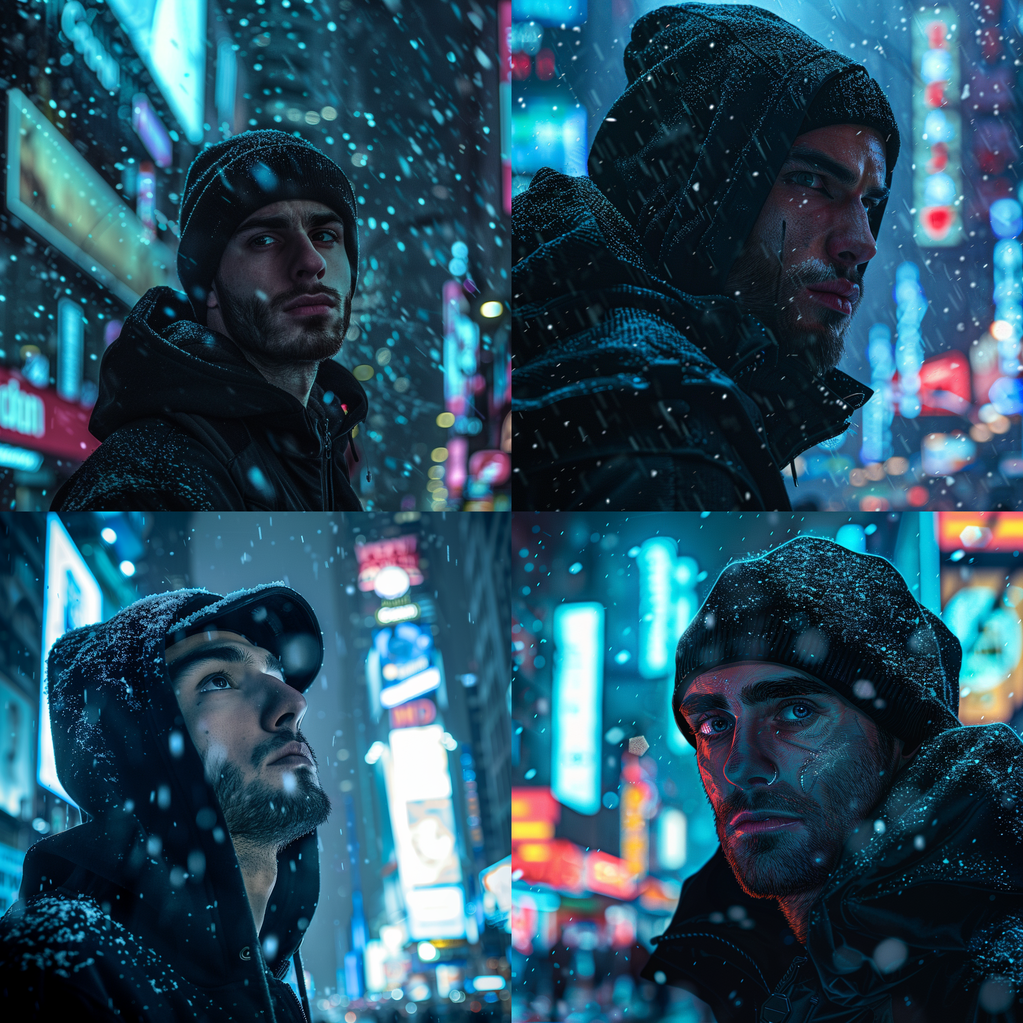 男子赛博朋克风格，城市街道背景，黑色连帽衫，戴帽，大眼浓眉，强壮肌肉，注视远方，阴郁情绪，高楼林立，背光，佳能相机，无人机，电子广告牌，飘雪花，30岁左右，高对比度，蓝色调。