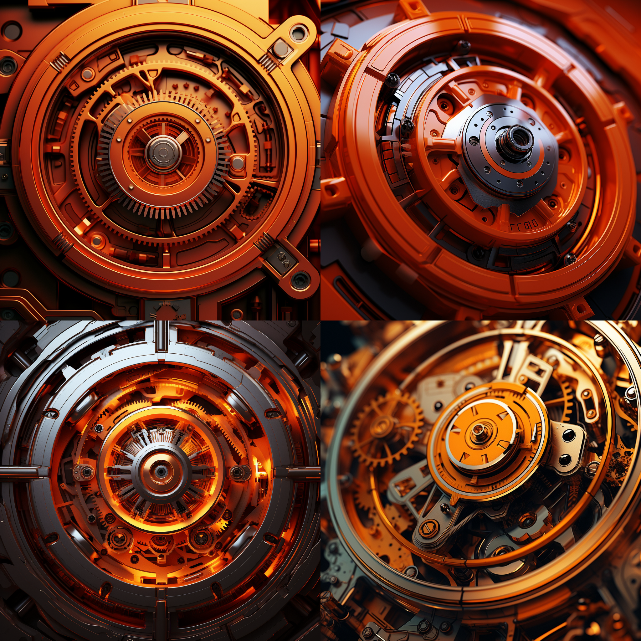 机械橙子，中心构图，橘红色背景，科幻风格，微距镜头，金属质感，暗光环境，静态，细节丰富，明亮色彩，未来感。