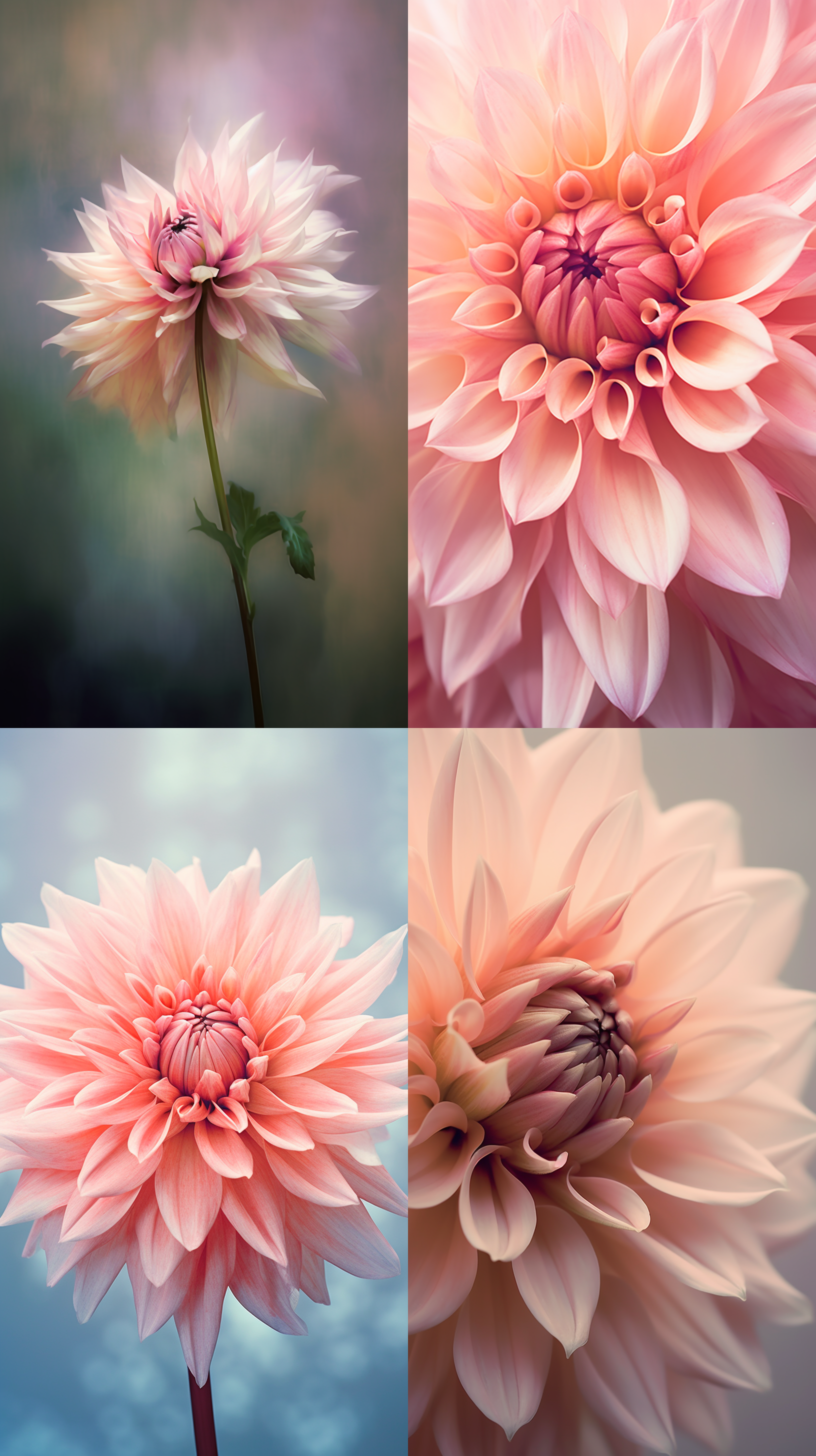 大丽花绽放，莫兰迪色调，水彩效果，自然背景，微距镜头，柔和侧光，静态，细节丰富，清新，优雅。