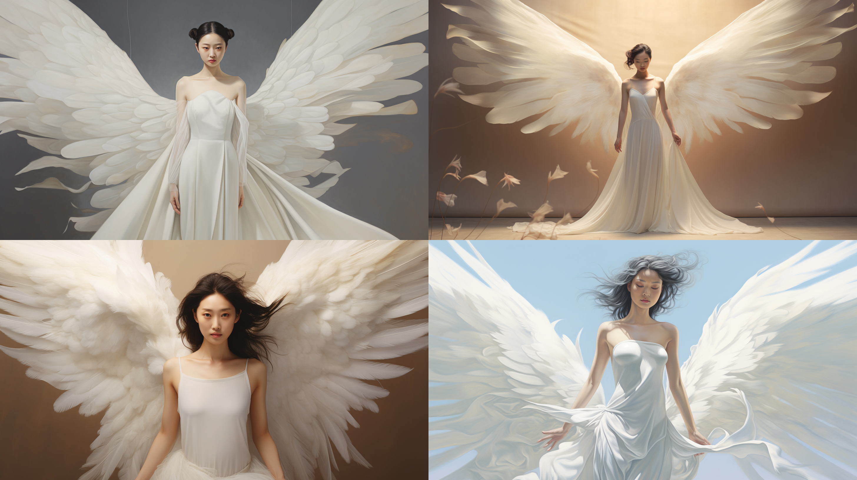 realism brutalism minimalism a chinese woman in a white wedding dress with a pair of feathered wings outstretched behind her back,fluffy flapping wings,styled as luminous and dreamy scene