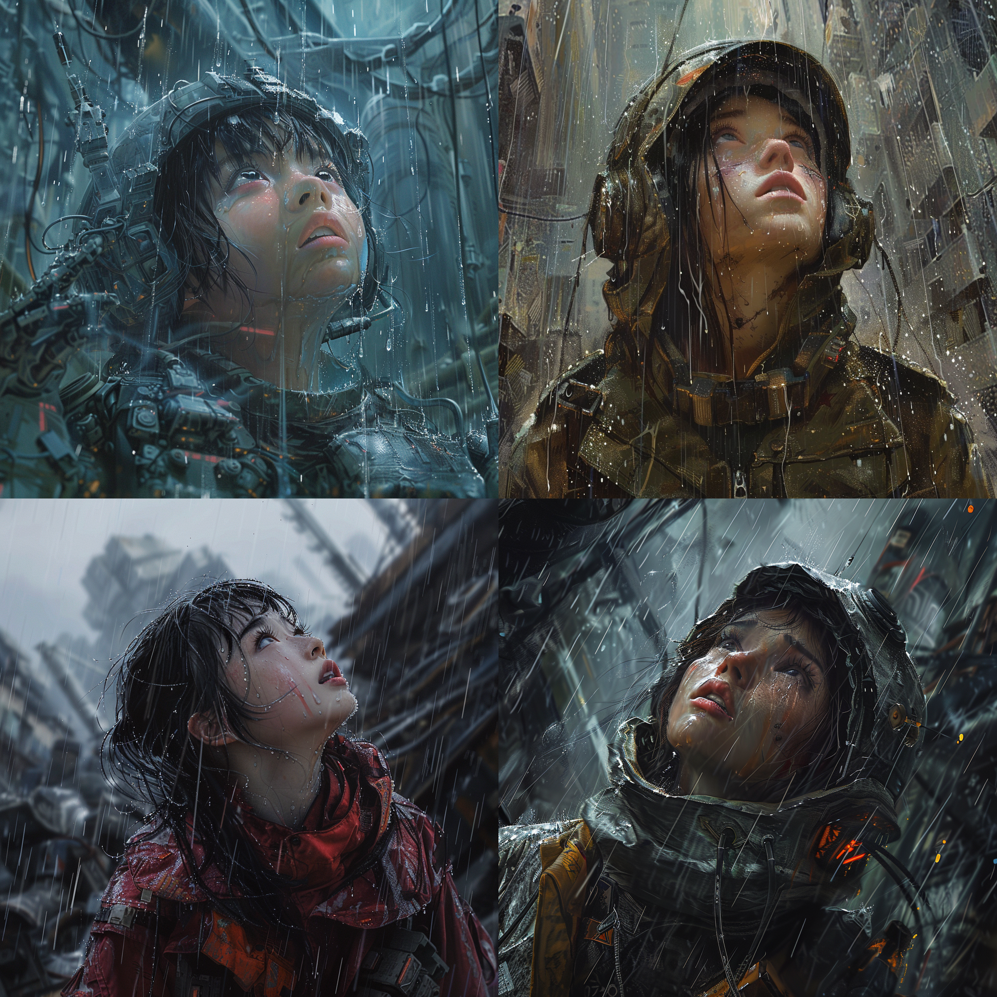 女孩被机甲包裹，疲惫废墟中仰望天空，雨中湿润脸庞，细节丰富，高清画质，电影色调，油画风格，广角镜头，细雨纷飞，沉着，无助。