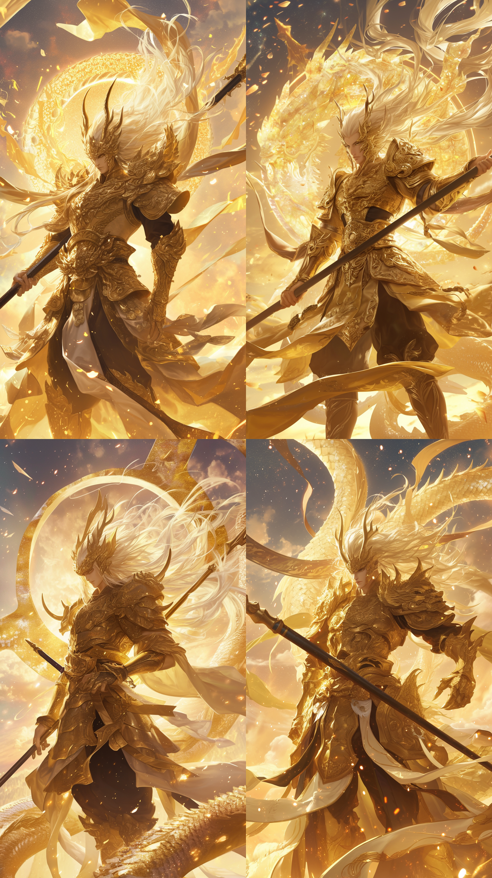 常山赵子龙，雷龙铠甲，长枪，白龙头盔，风火轮，史诗风格，战斗动作，英雄主题，金色调，特写镜头，逆光，壮观，自信。