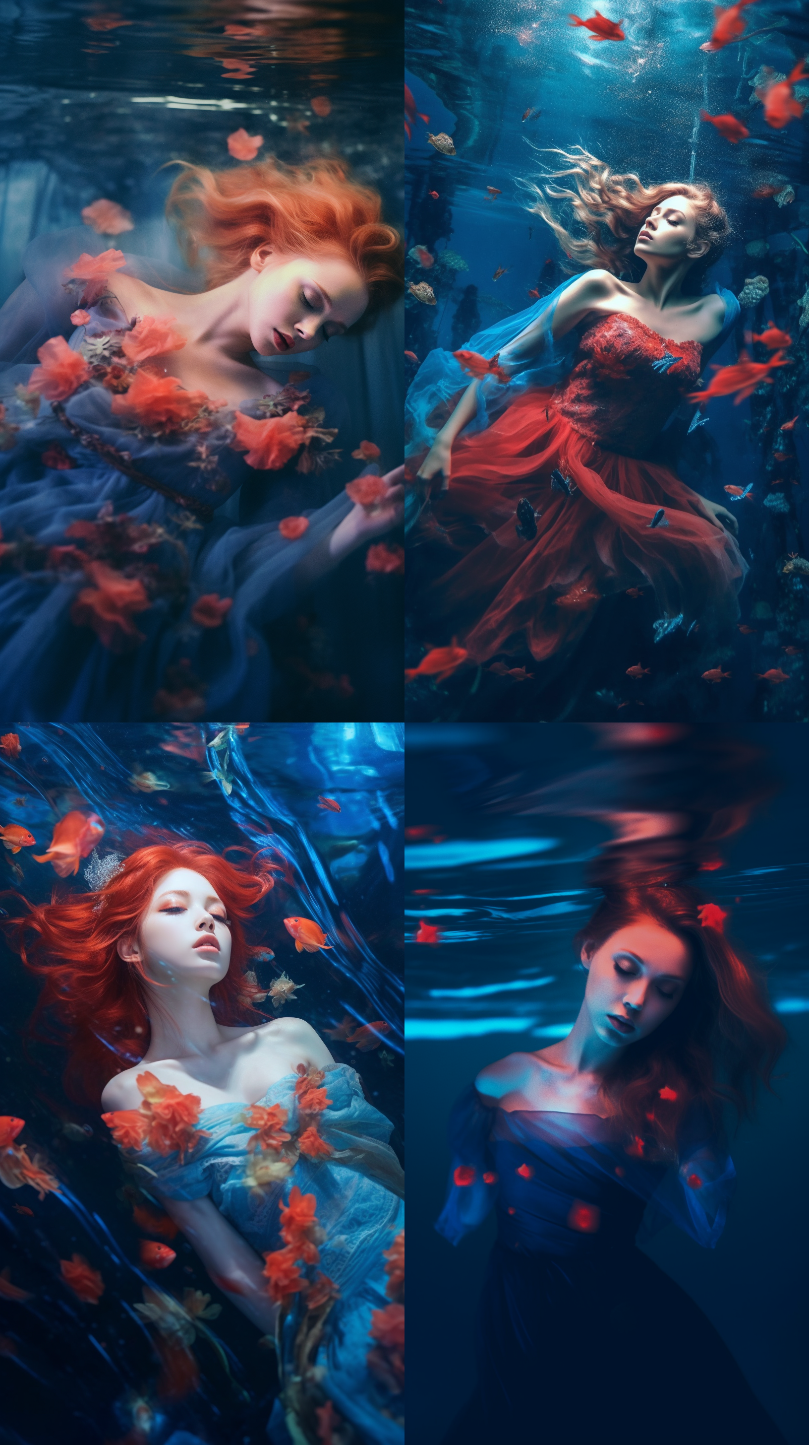 斗鱼游动，蓝红相间，仙子装扮，微距，丰富细节，水下拍摄，柔和光线，优雅飘逸，神秘色彩，梦幻情感。