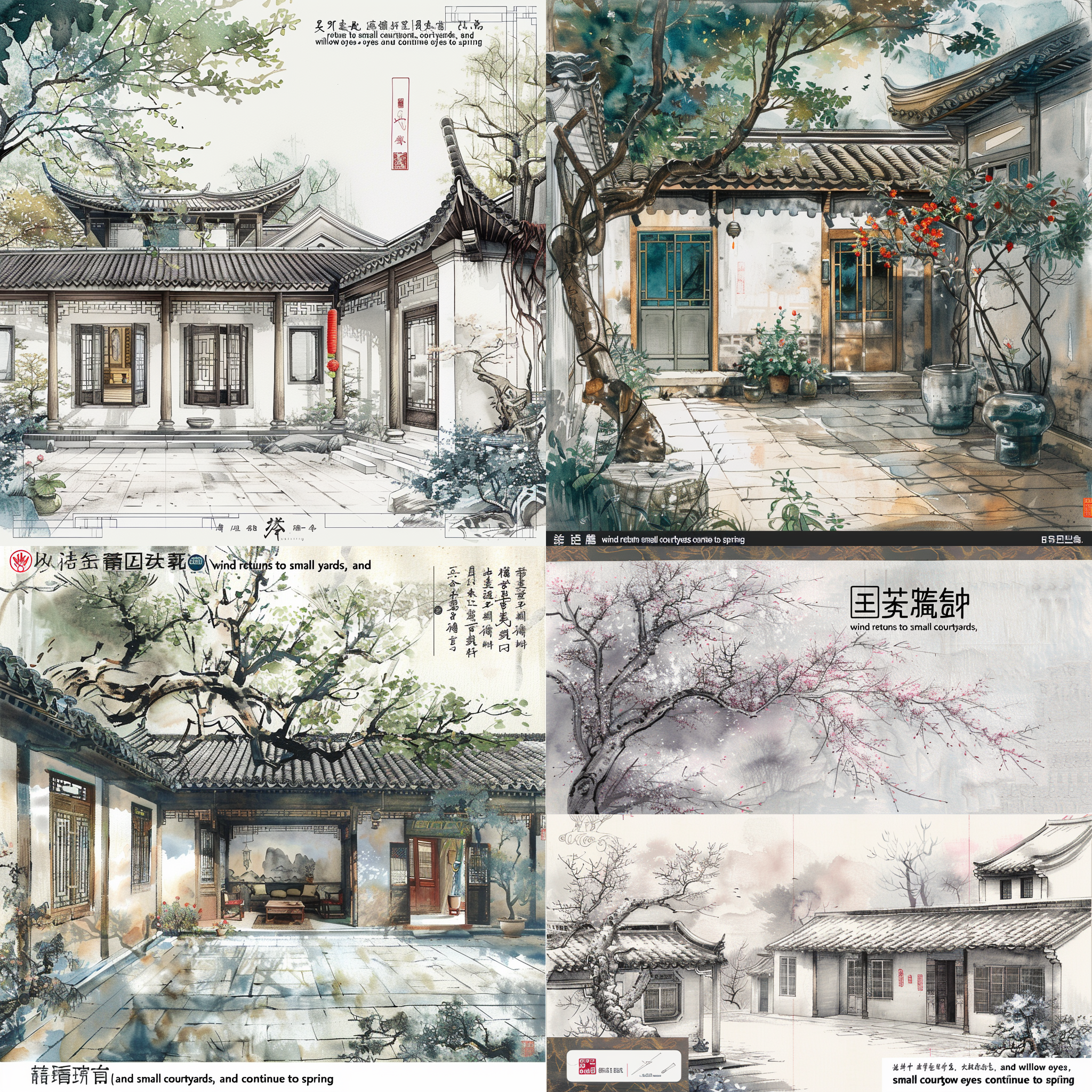 国潮中国风、整体水彩写意，局部工笔重彩、宣纸、晕染、大师杰作、皴擦、5号狼毫、横幅大画面，新中式豪华型酒店中堂装饰画，表现“风回小院庭芜绿，柳眼春相续”、构图细节表现春风、完美庭院、写意绿