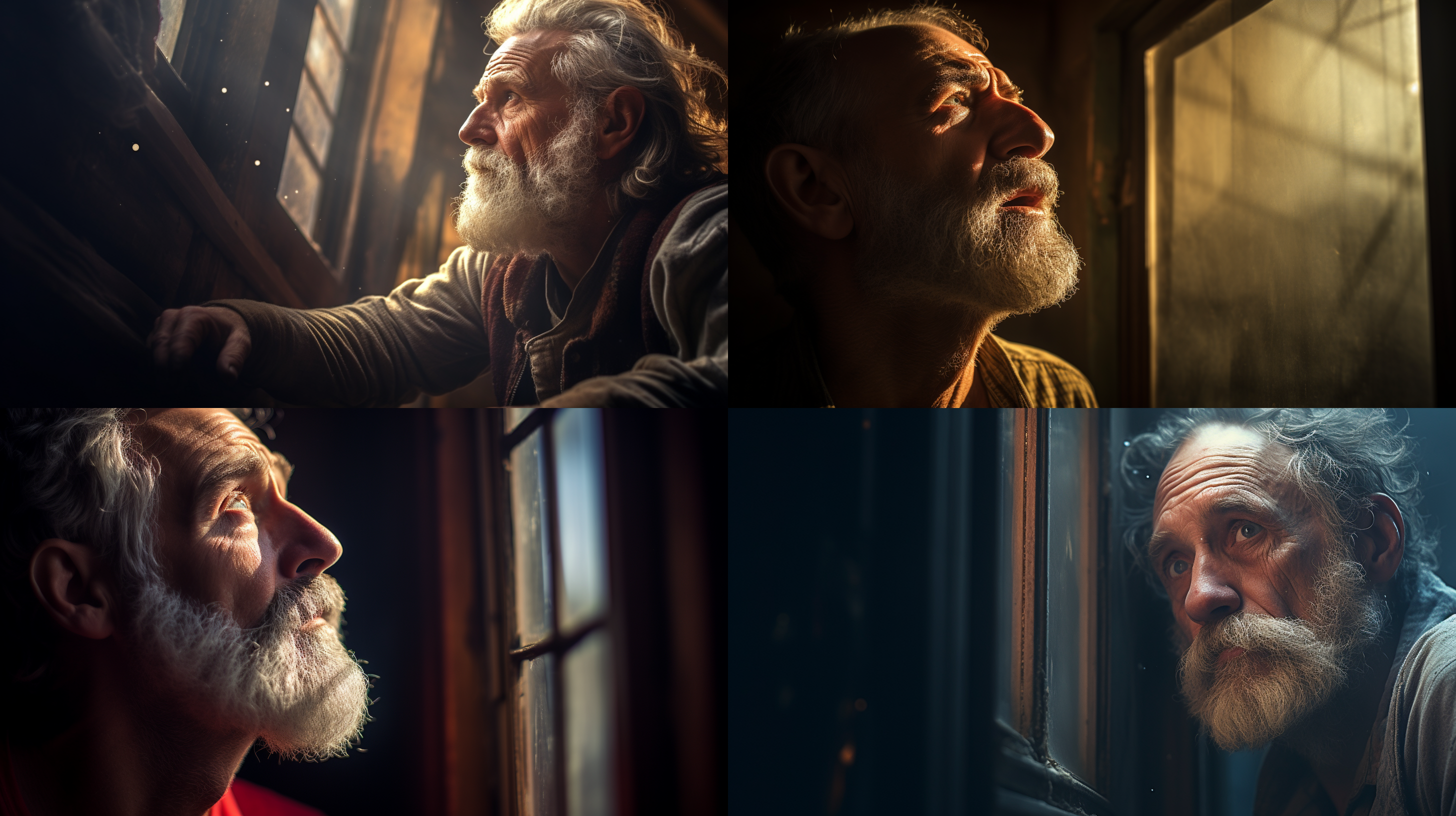 男人决心看见真相，仰头窗外，决绝表情，窗外景色，逆光，长焦镜头，高饱和度，冷色调，抓拍，决心，探索。