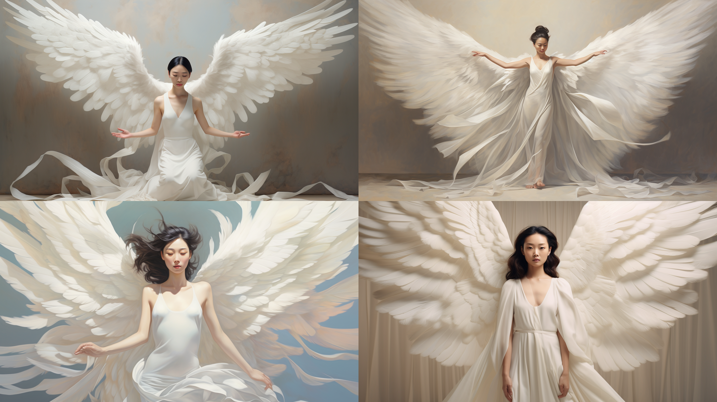 realism brutalism minimalism a chinese woman in a white wedding dress with a pair of feathered wings outstretched behind her back,fluffy flapping wings,styled as luminous and dreamy scene