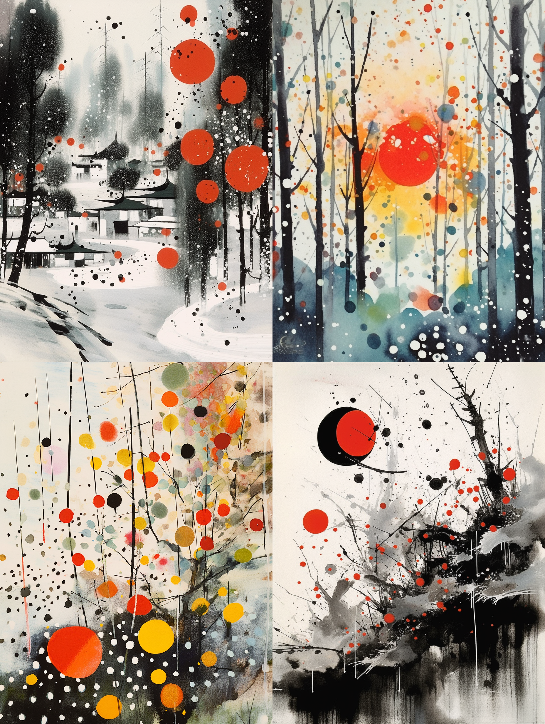 中式彩墨风格，草间弥生混合吴冠中，更大的彩墨点