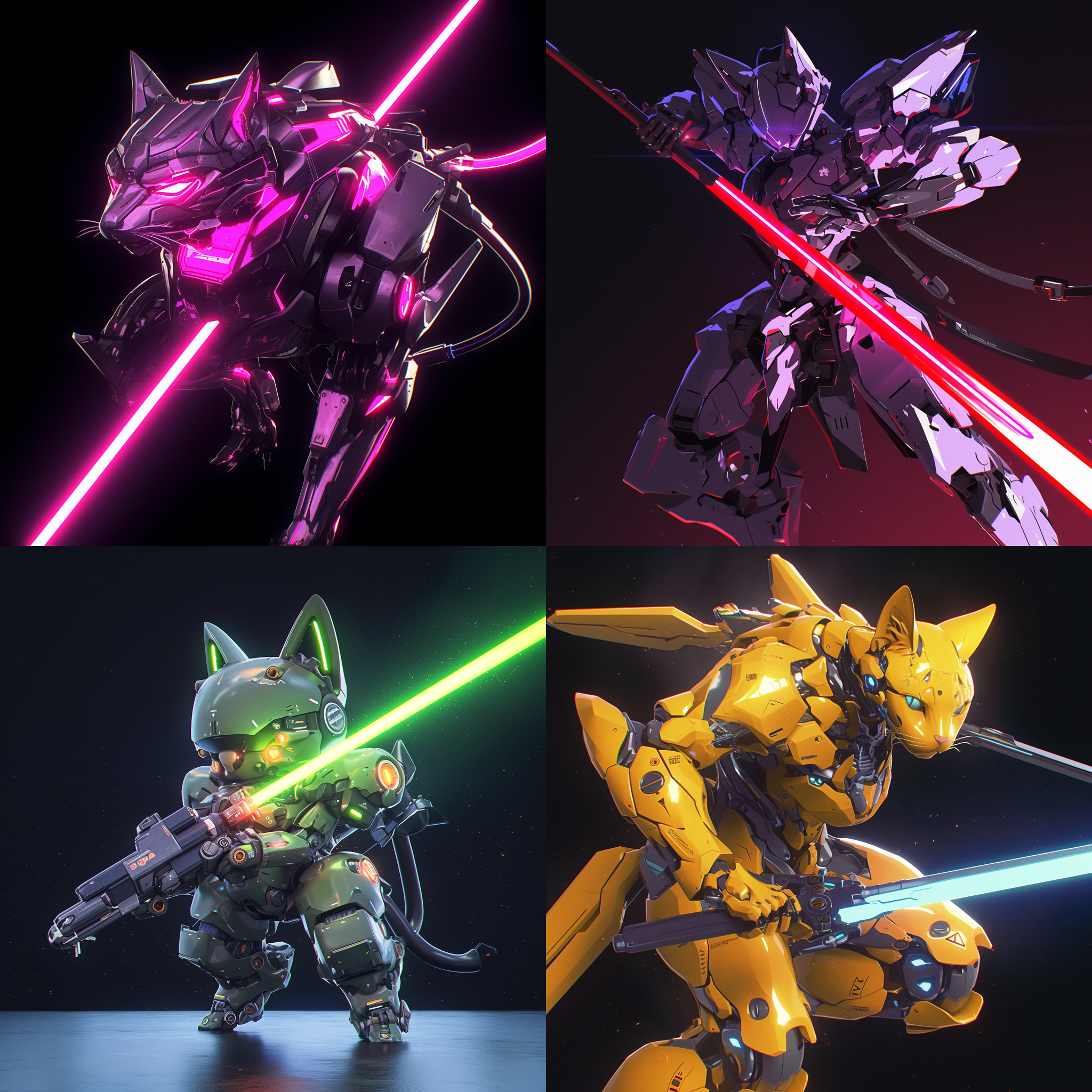 c4d，铠甲机器猫，粒子光线，激光剑，背景黑色