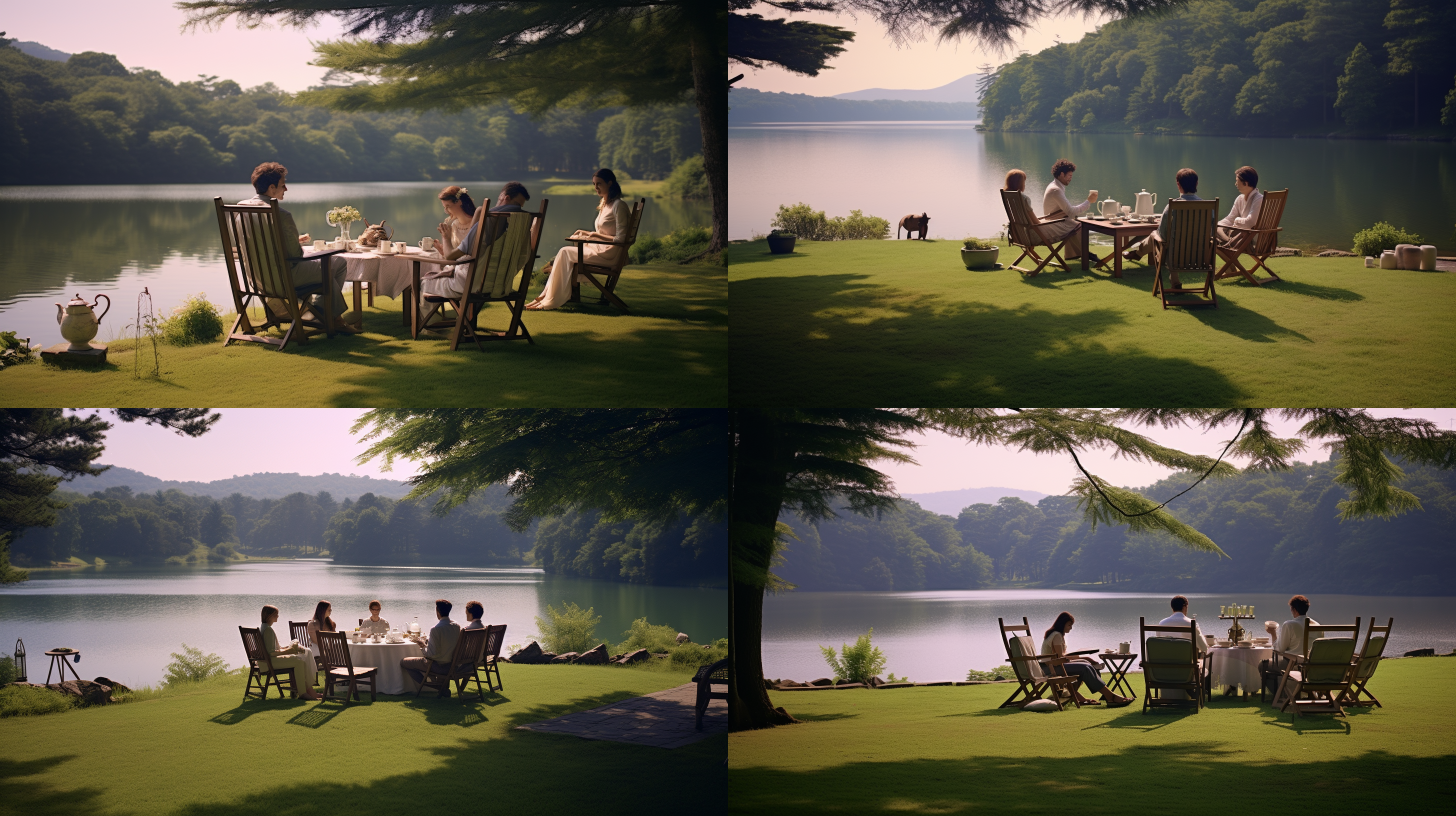 三男二女，翠绿草地，大方桌，喝茶，湖泊背景，户外环境，长焦镜头，自然光，休闲，和谐，明亮色调，放松。