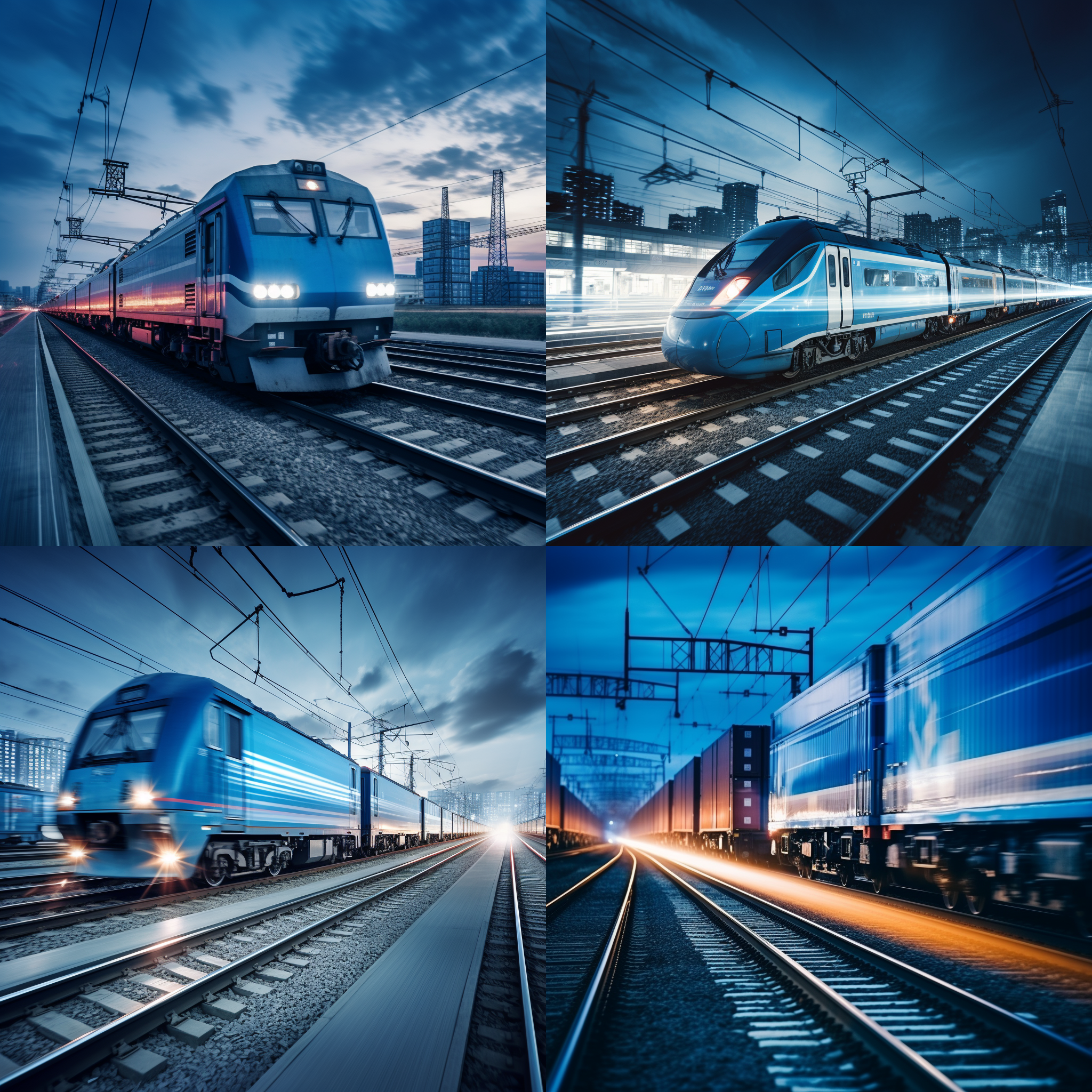 中国铁路货车在高铁上行驶, 高速运动，逆光构图，现代城市背景，蓝色调，长焦镜头，动态模糊，电气化铁路，经济发展，刺激。