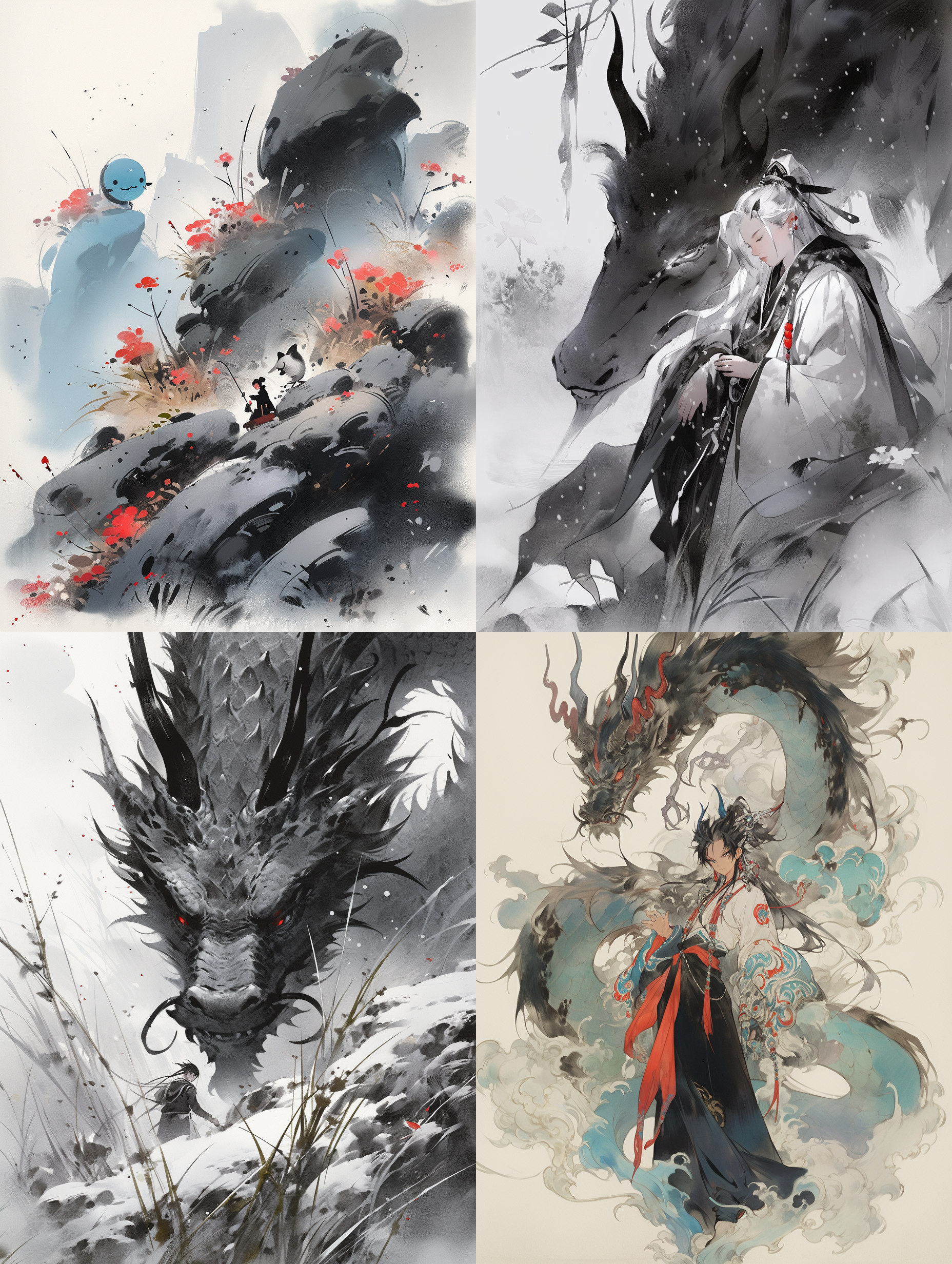 中式彩墨风格，草间弥生混合吴冠中，更大的彩墨点，龙，头部特写，调皮