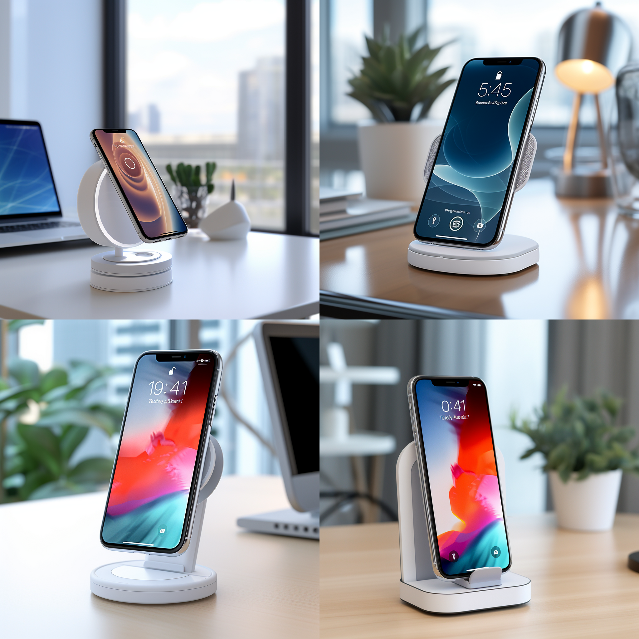 手机支架，磁吸设计，无线充电，阻尼横竖屏，电动夹紧，现代风格，简约设计，白色，灵活性，便捷，科技感。