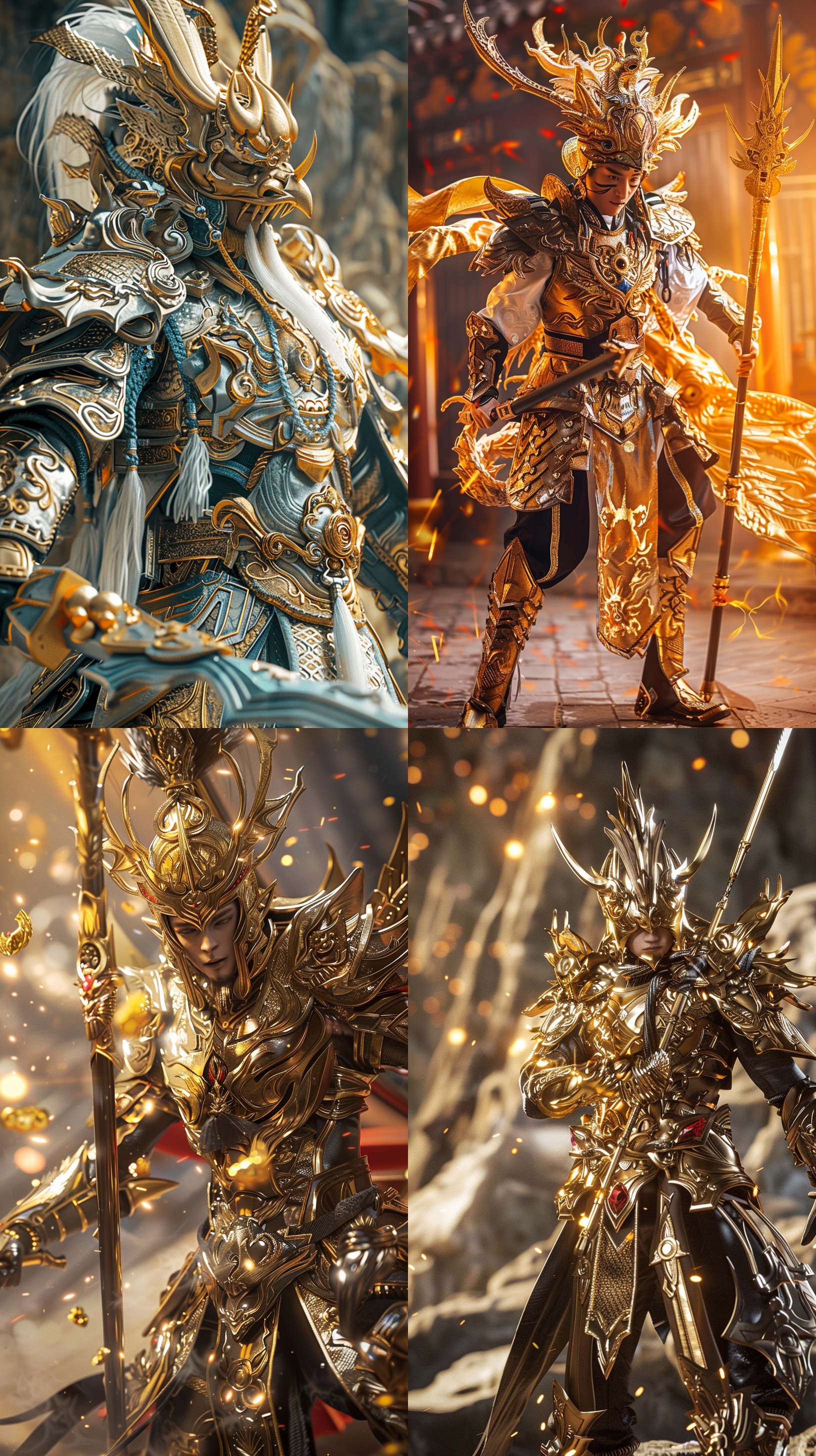 赵子龙，雷龙铠甲，长枪，凤凰头盔，麒麟战靴，史诗风格，战斗动作，英雄主题，金色调，特写镜头，逆光，壮观，自信 