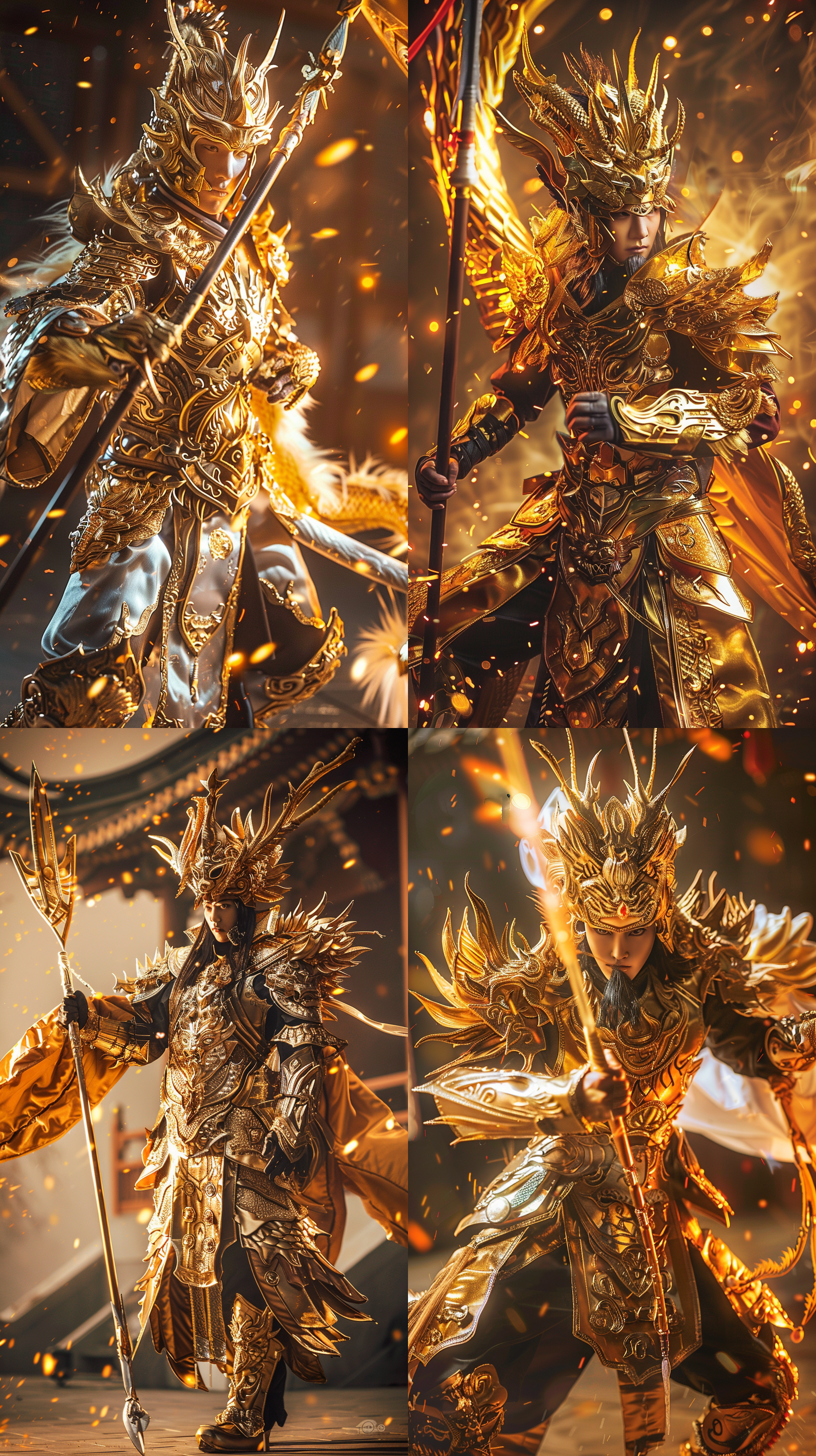 赵子龙，雷龙铠甲，长枪，凤凰头盔，麒麟战靴，史诗风格，战斗动作，英雄主题，金色调，特写镜头，逆光，壮观，自信 