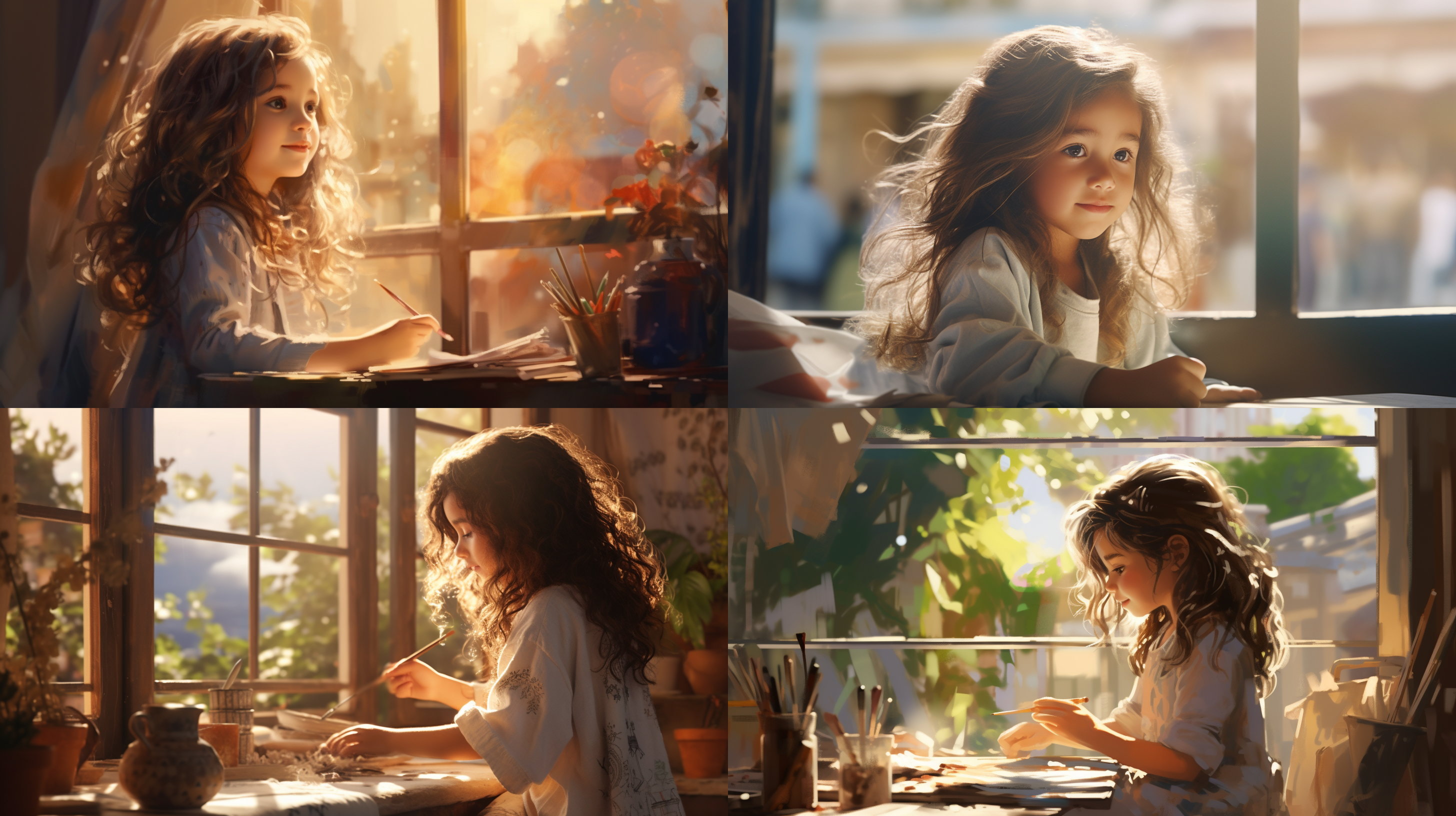 a little girl sitting behind a transparent window in a caf é is painting, with sunlight, light, distant view, clean background, 4k, super details