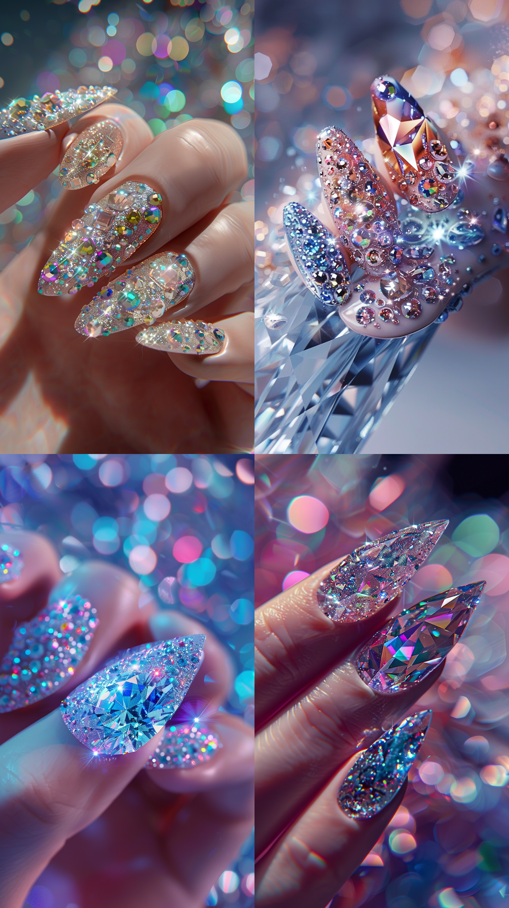 设计一个指甲的钻石点缀，闪闪发亮的女士美甲样式，镜头特写，炫彩粒子，辛烷值渲染，