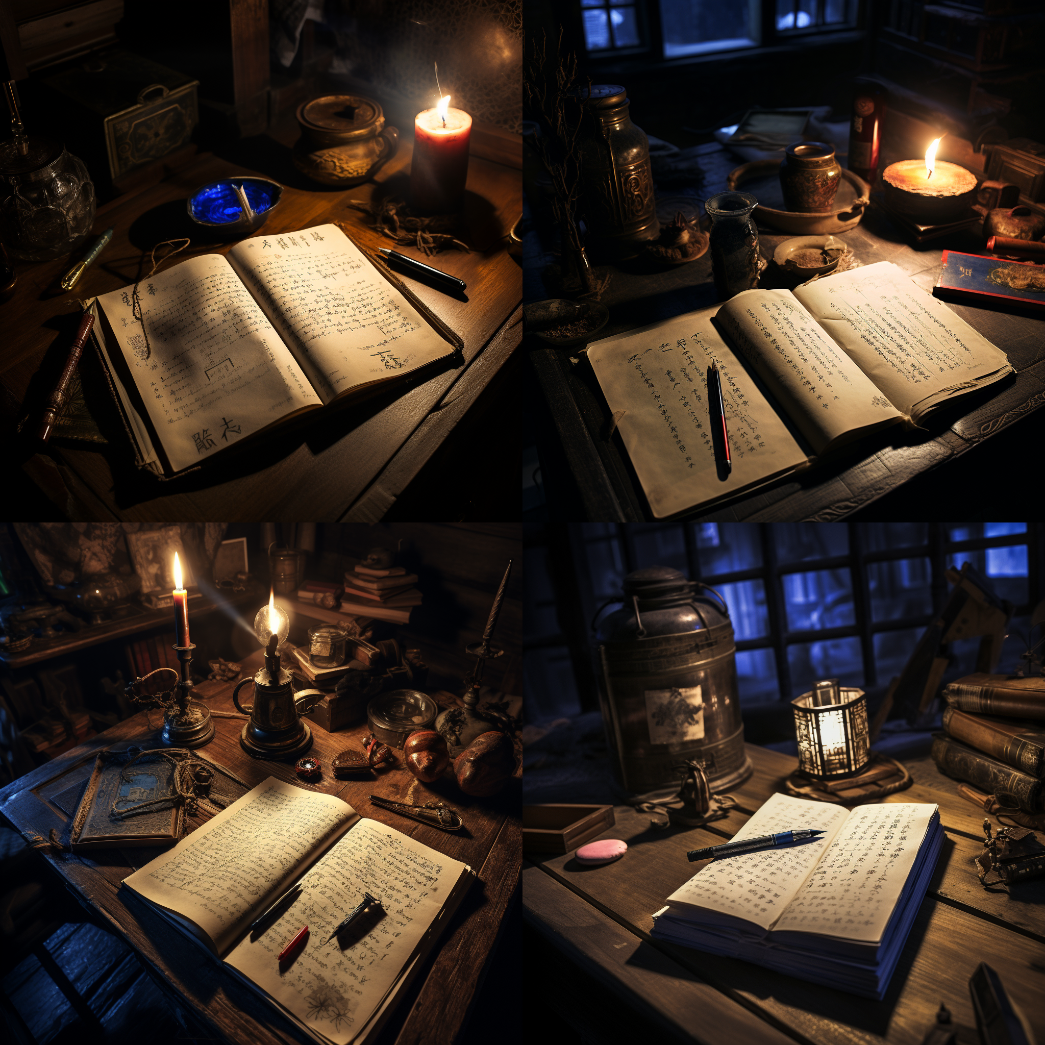 幽暗的房间里，木质的中式案几上放着一本翻开的古老笔记本，牛皮纸上磨损的字迹。笔记上是墓葬结构图，神秘生物的手绘图。笔记本旁边是古老的钢笔。一把黑色古刀，蓝色的蜡烛光就快熄灭。房间的角落中堆放冲锋枪、以及裹着泥土的铁箱子。