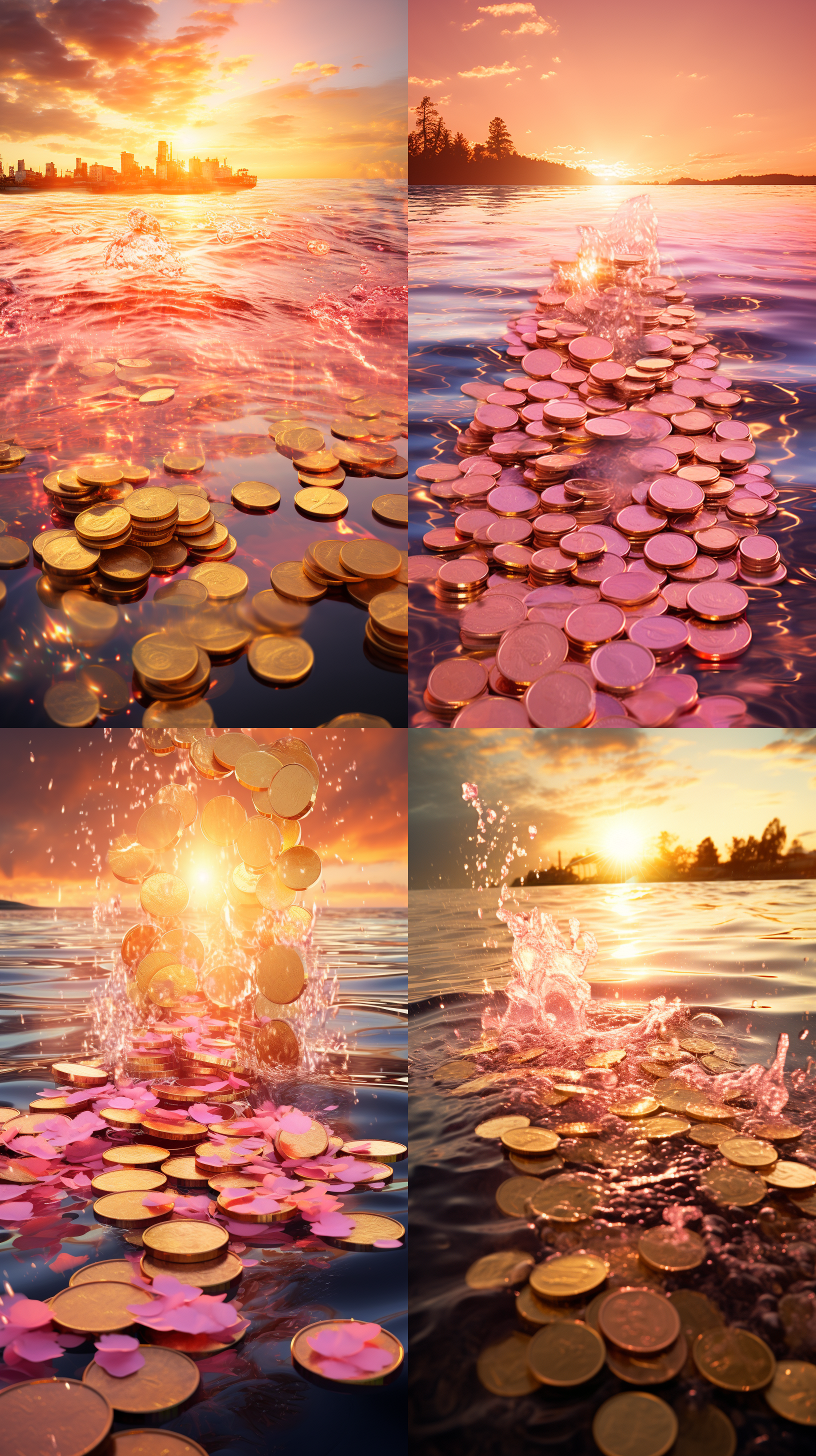 发财水、粉色、夕阳的光撒在水面上，金币流淌在水上