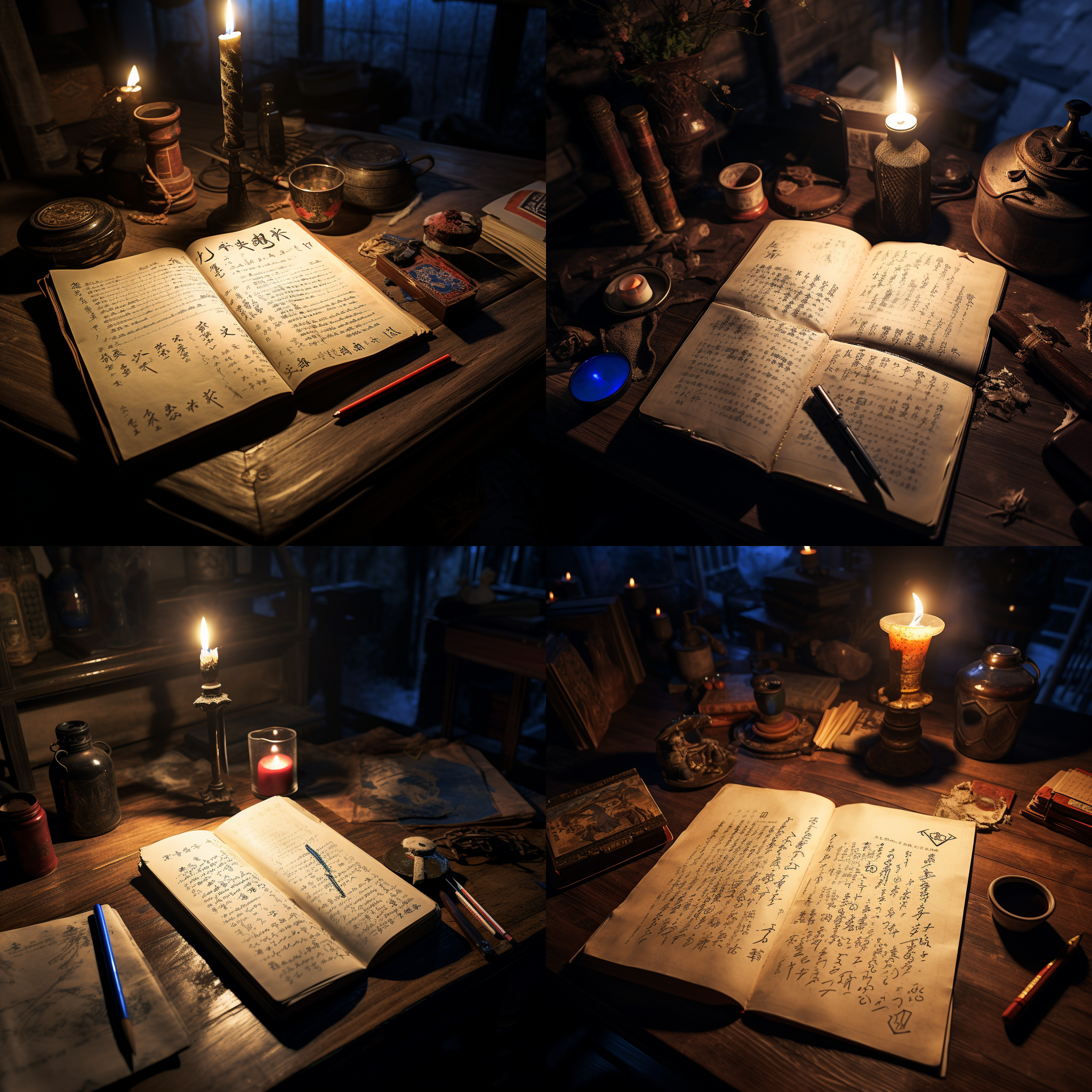 幽暗的房间里，木质的中式案几上放着一本翻开的古老笔记本，牛皮纸上磨损的字迹。笔记上是墓葬结构图，神秘生物的手绘图。笔记本旁边是古老的钢笔。一把黑色古刀，蓝色的蜡烛光就快熄灭。房间的角落中堆放冲锋枪、以及裹着泥土的铁箱子。