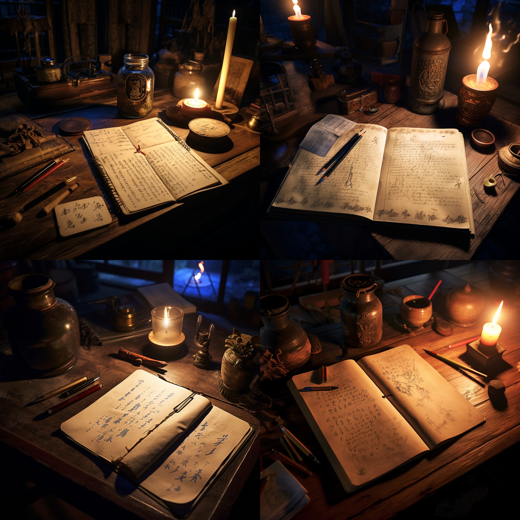 幽暗的房间里，木质的中式案几上放着一本翻开的古老笔记本，牛皮纸上磨损的字迹。笔记上是墓葬结构图，神秘生物的手绘图。笔记本旁边是古老的钢笔。一把黑色古刀，蓝色的蜡烛光就快熄灭。房间的角落中堆放冲锋枪、以及裹着泥土的铁箱子。