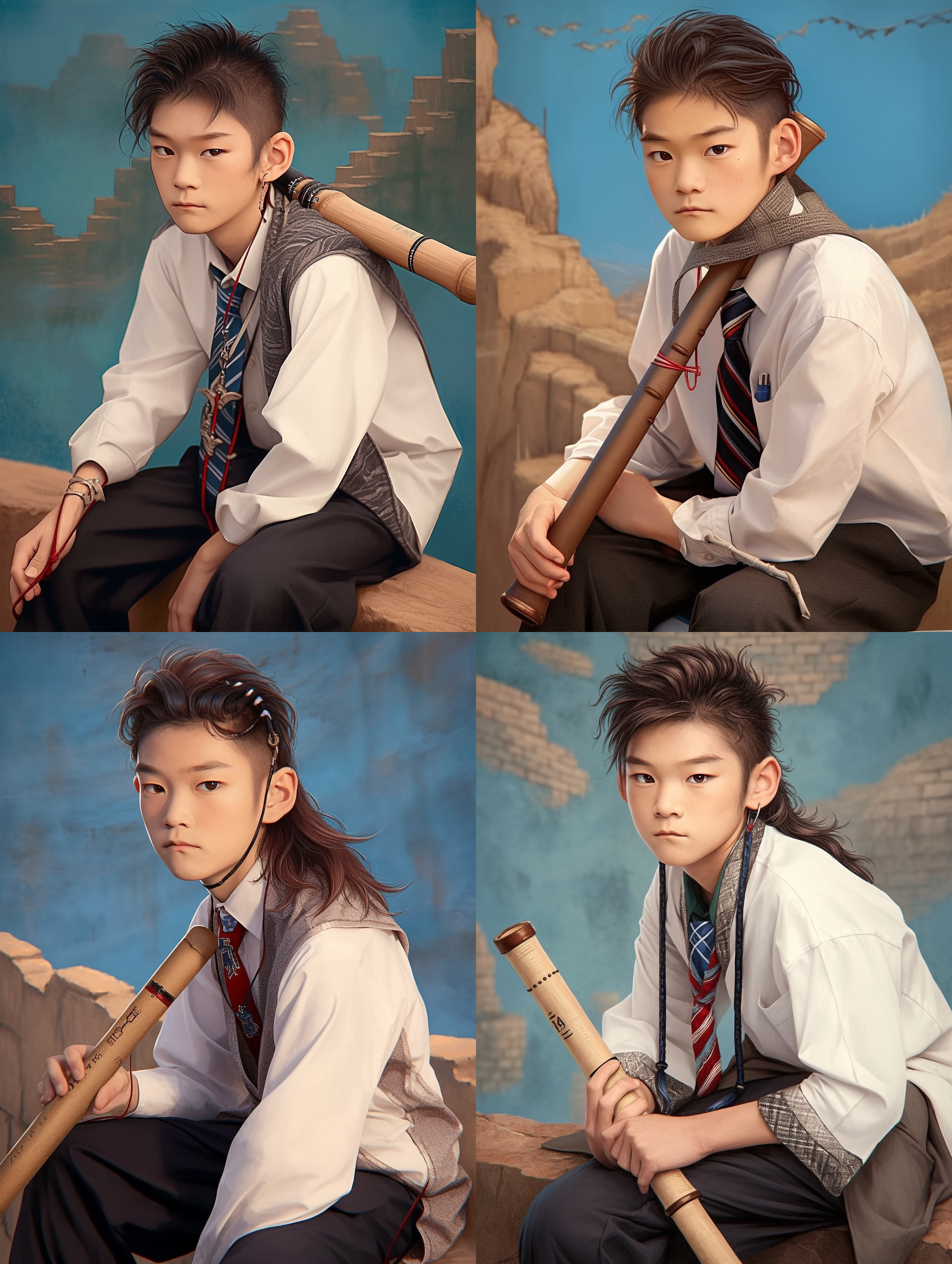 男孩站长城，风吹发梢，远眺山峦，帅气微笑。风景宏伟，传统服饰，中景构图，柔和色调，长焦镜头，逆光，放松肢体，自信表情，温暖情感。