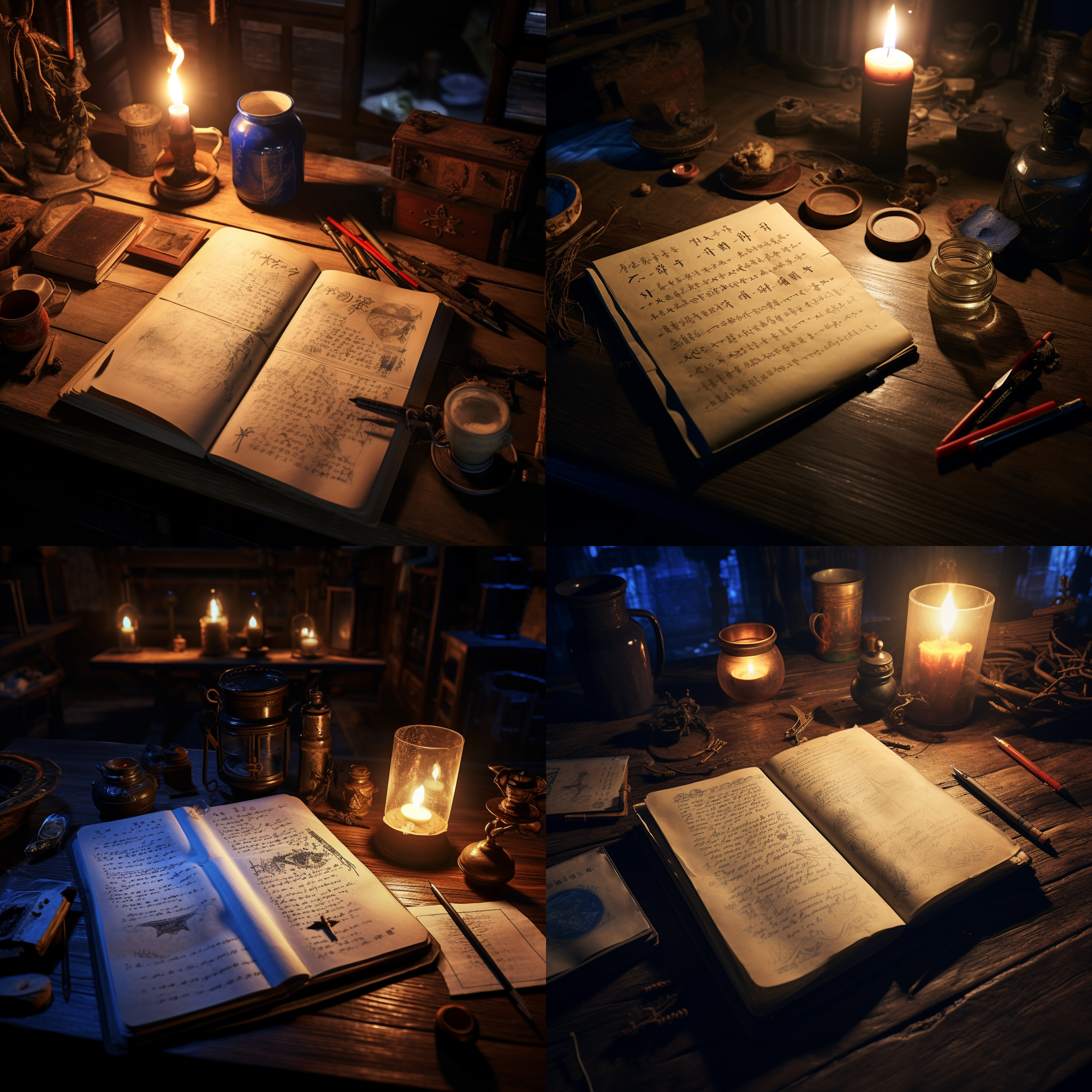 幽暗的房间里，木质的中式案几上放着一本翻开的古老笔记本，牛皮纸上磨损的字迹。笔记上是墓葬结构图，神秘生物的手绘图。笔记本旁边是古老的钢笔。一把黑色古刀，蓝色的蜡烛光就快熄灭。房间的角落中堆放冲锋枪、以及裹着泥土的铁箱子。