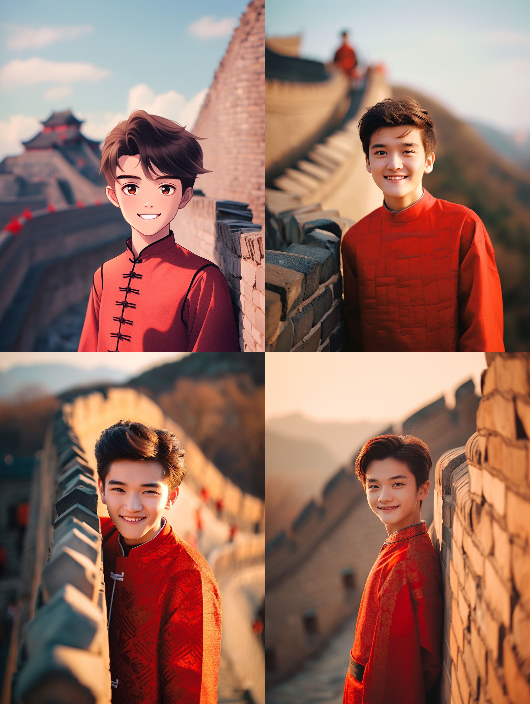 男孩穿红色传统服装站在长城内，阳光微笑，万燕琼味长城背景，中景构图，轻松表情，暖色调，长焦镜头，逆光，静态，传统元素，喜悦。