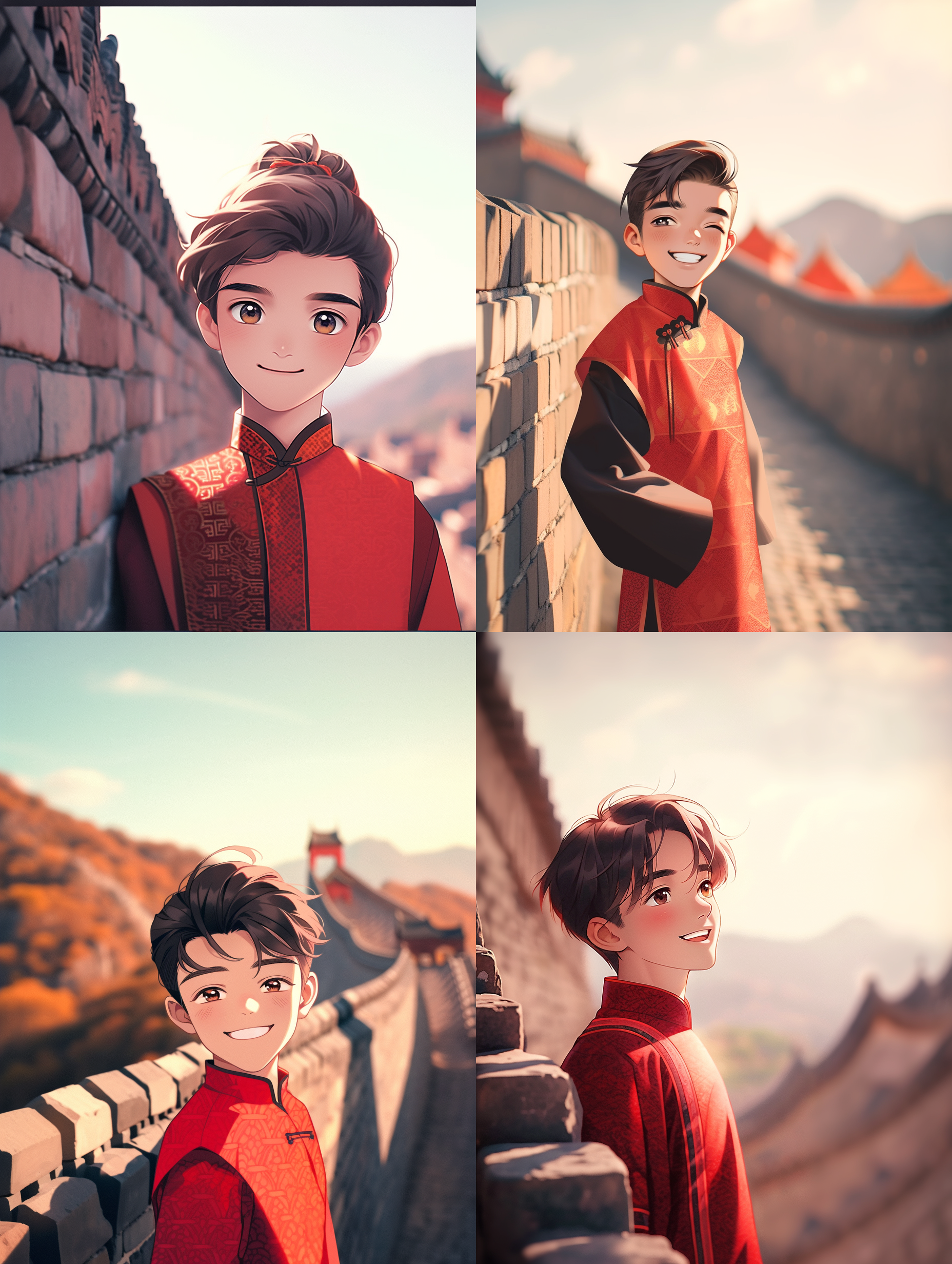 男孩穿红色传统服装站在长城内，阳光微笑，万燕琼味长城背景，中景构图，轻松表情，暖色调，长焦镜头，逆光，静态，传统元素，喜悦。