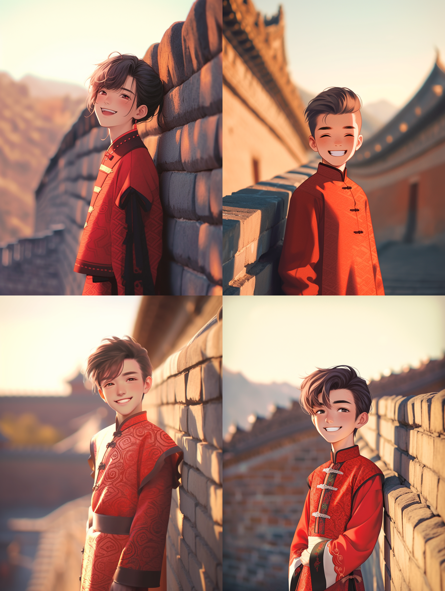 男孩穿红色传统服装站在长城内，阳光微笑，万燕琼味长城背景，中景构图，轻松表情，暖色调，长焦镜头，逆光，静态，传统元素，喜悦。