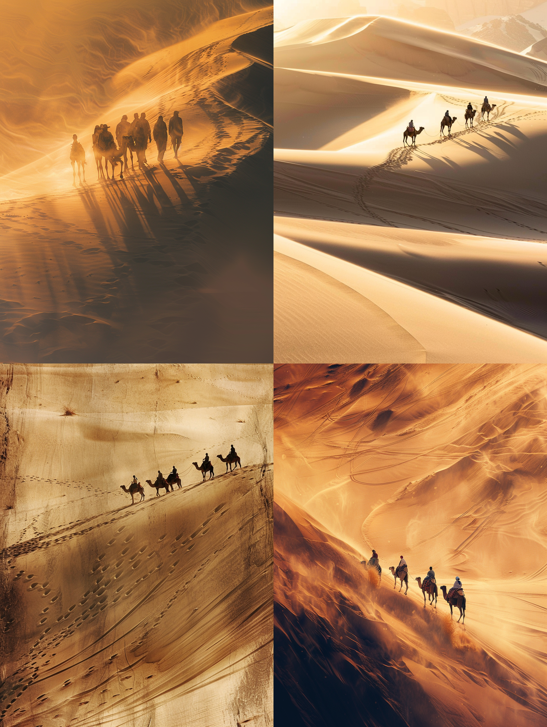 摄影照片，deserts，sand dunes，一群骆驼，人和骆驼的投影在沙丘上，立体感，沙子质感逼真，细致，光影层次丰富，背景是高低起伏的沙丘，长焦镜头 ,national geographic photo ，暖调，超清晰度，16k