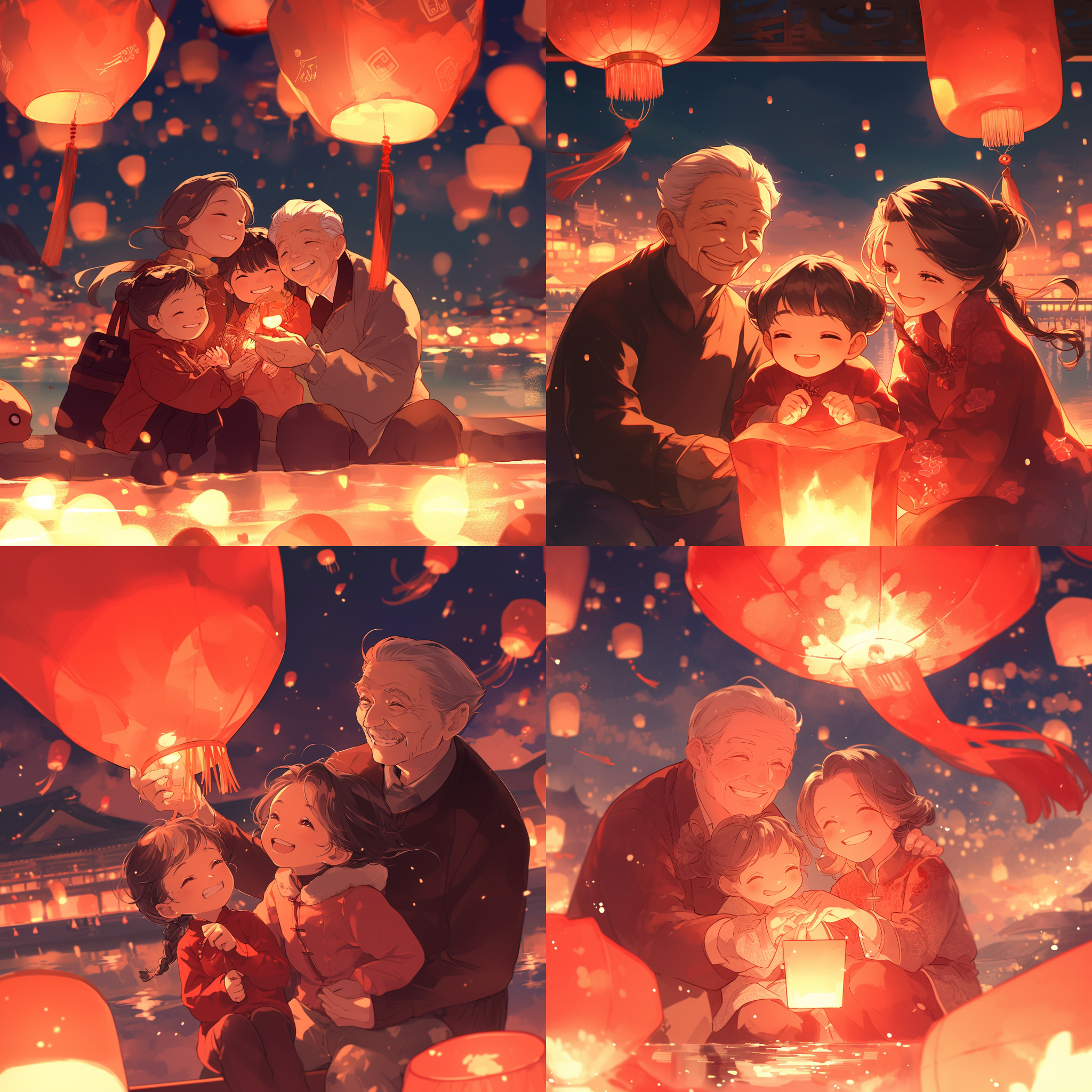 三代家人，江边，笑容，放飞孔明灯，温馨祥和，过年气氛浓厚，中焦镜头，室内光线，团聚时刻，喜悦幸福，红色主调，中国风动漫，治愈