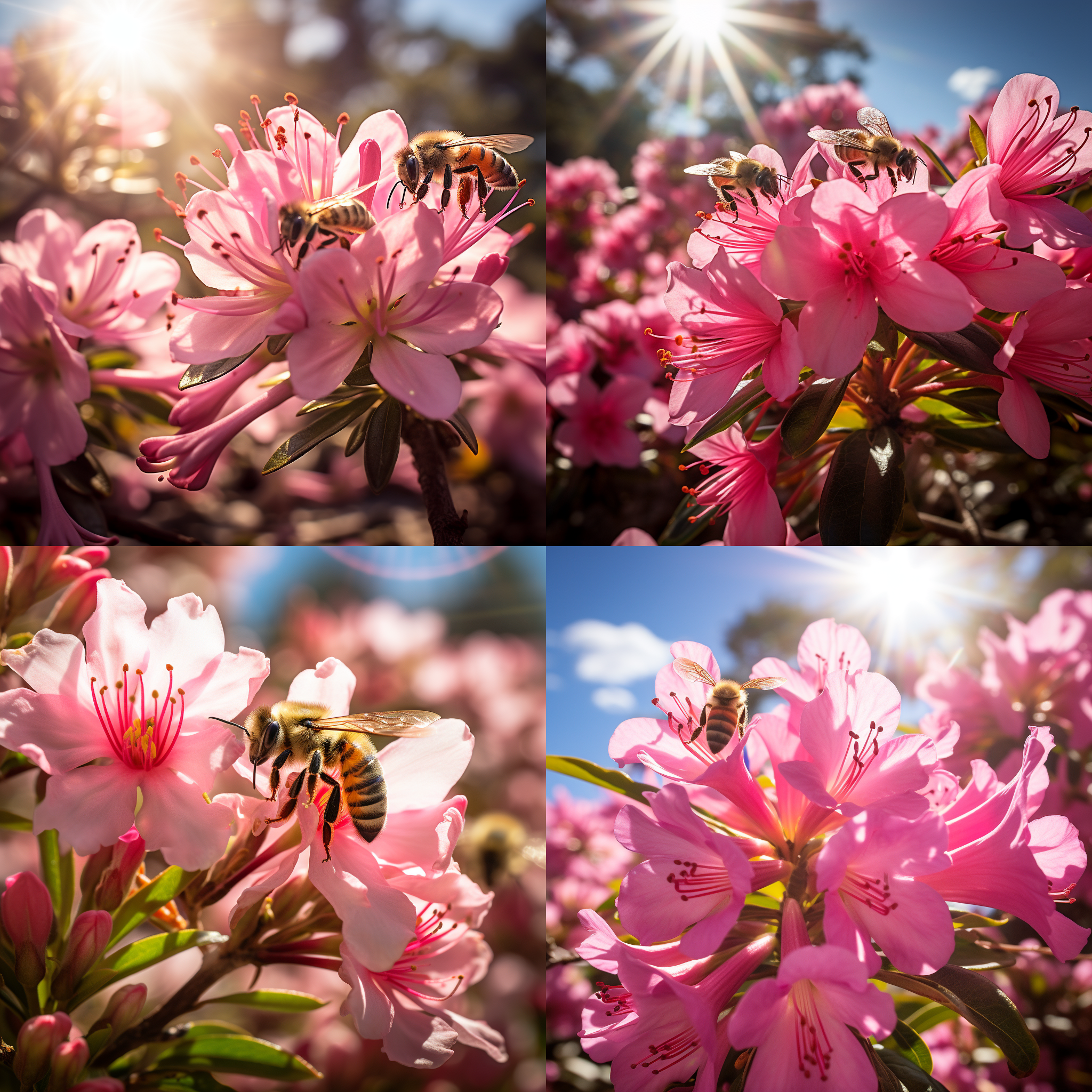 杜鹃花盛开，蜜蜂飞舞。浅景深，细节清晰，花朵层次感强，蜜蜂忙碌采蜜，动态捕捉。明亮的春天阳光照射，色彩鲜艳，花海背景，广角镜头，活力四溢，欢快。