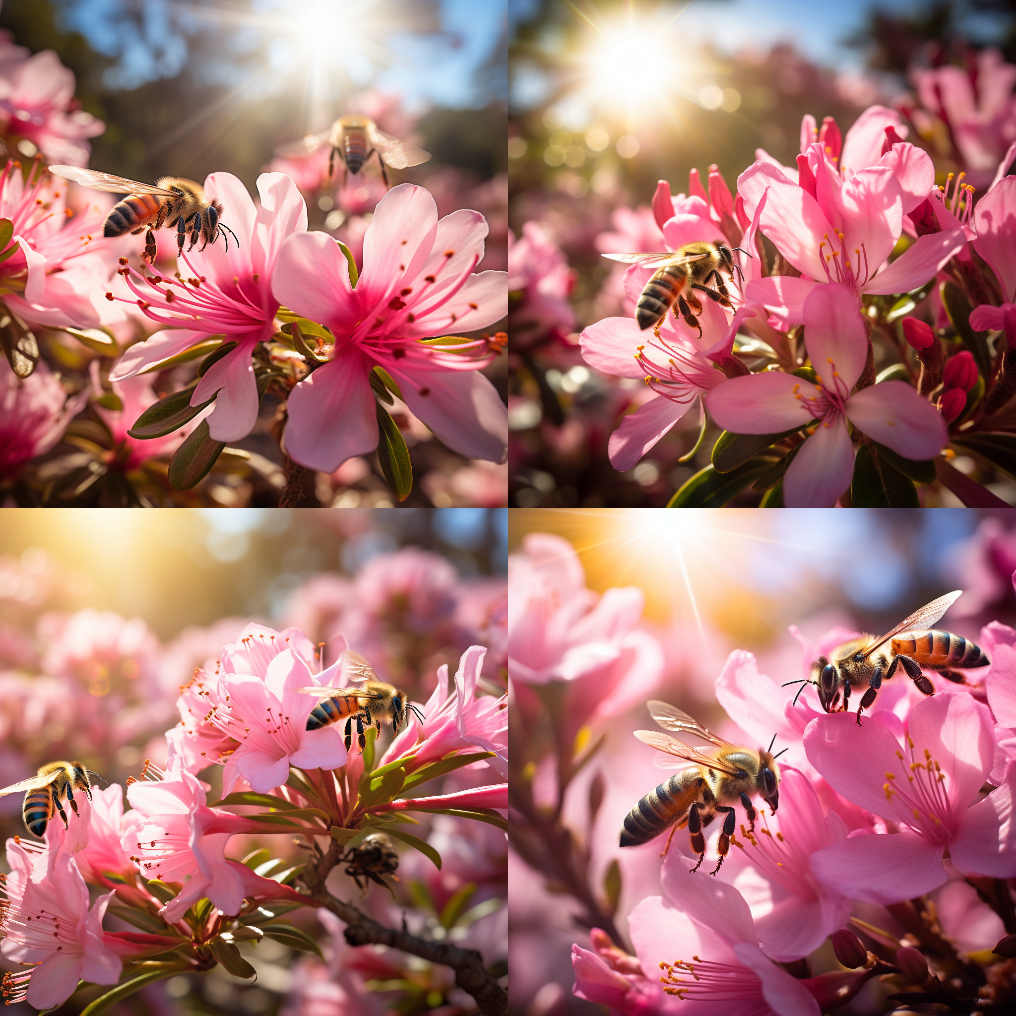 杜鹃花盛开，蜜蜂飞舞。浅景深，细节清晰，花朵层次感强，蜜蜂忙碌采蜜，动态捕捉。明亮的春天阳光照射，色彩鲜艳，花海背景，广角镜头，活力四溢，欢快。