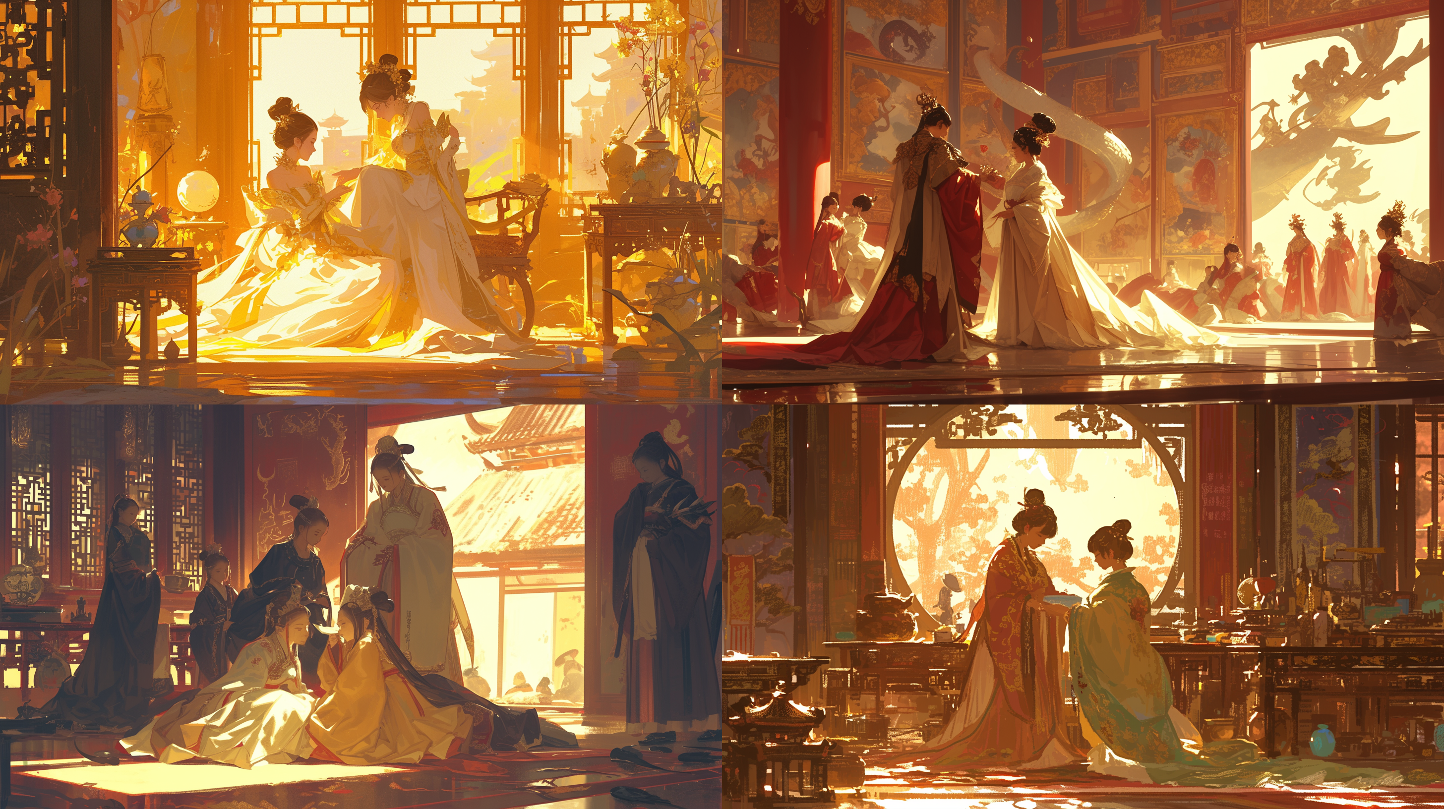 宫女伺候皇帝，对角线布局，明朝宫殿内，柔和色调，长焦镜头，侧逆光，缓慢动作，华丽服装，恭敬表情，平静。