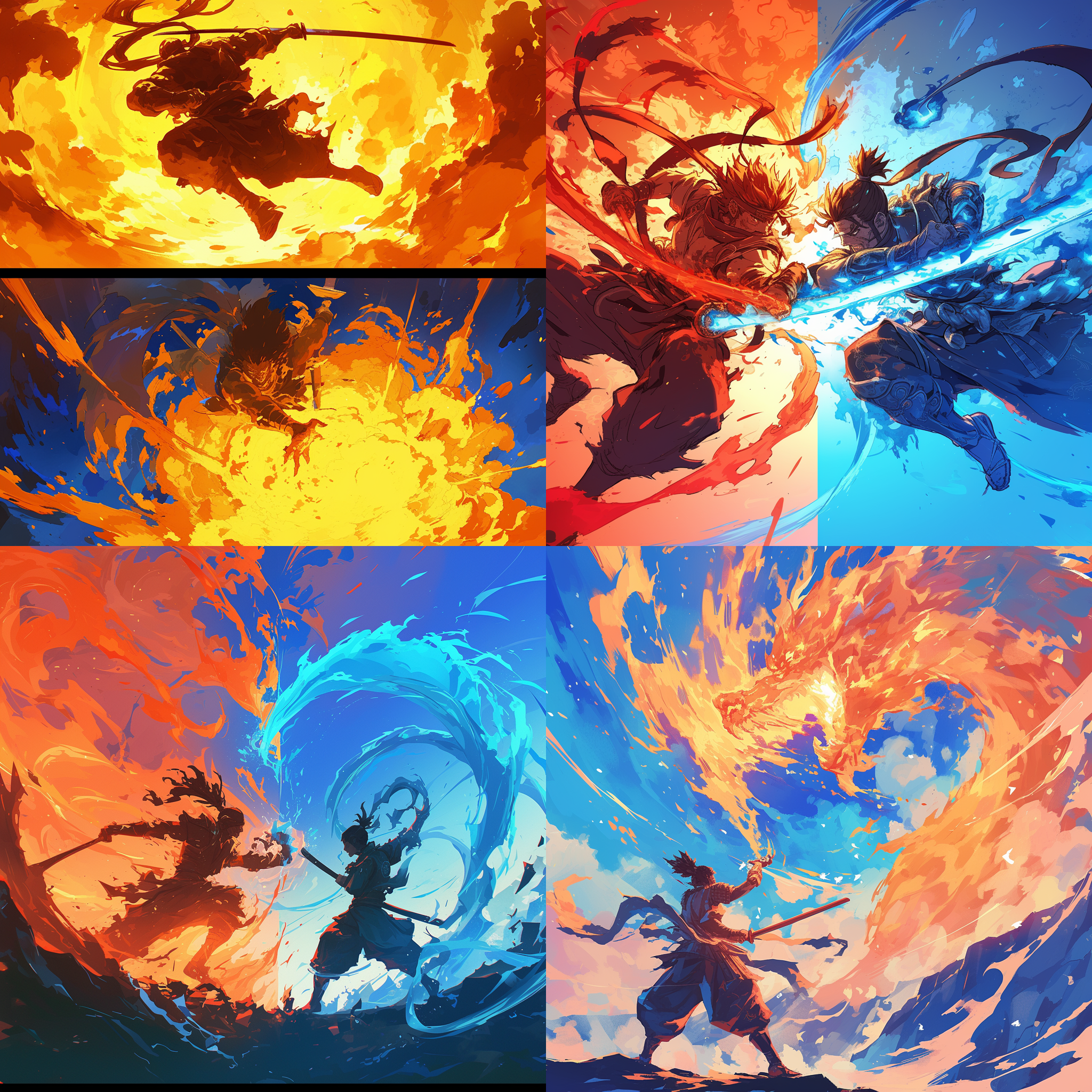 忍者大战孙悟空，动作戏剧化，环境破碎，战斗元素，特写镜头，高光强度，火焰特效，螺旋云彩，蓝色和橙色，激烈情绪。