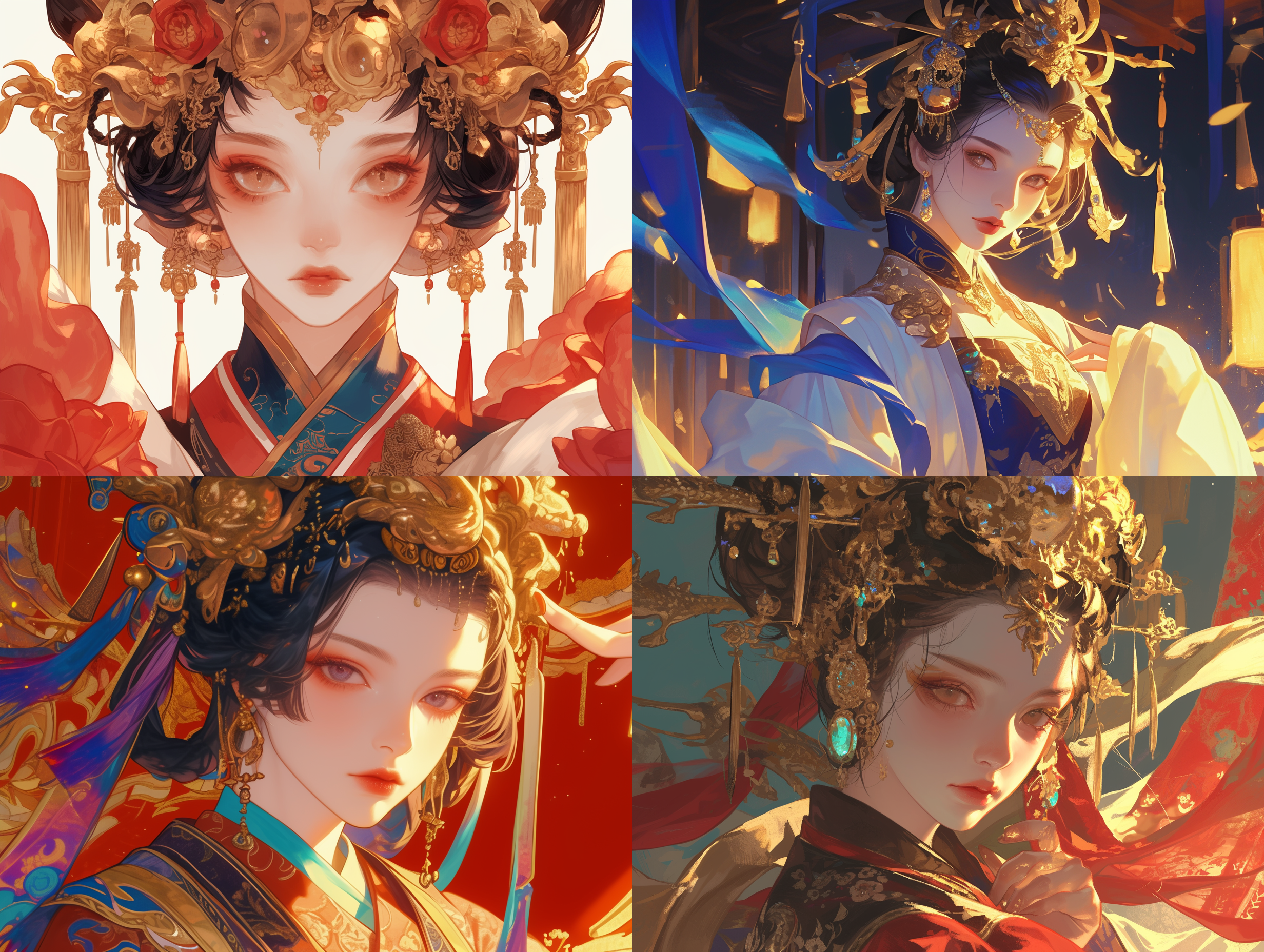 大眼睛，古风，中国风，面部特写，华丽服饰，细节丰富，暖色调，传统建筑背景，柔和光线，端庄表情，神秘氛围。